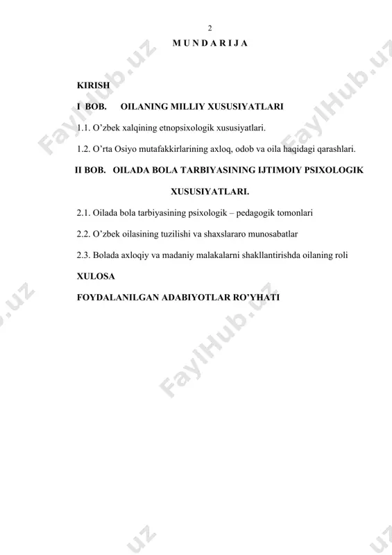 lanishida oilaning roli nihoyatda kattadir. oilada bolaning aqliy faoliyati kamol topadi, dunyoqarashi, tafakkuri shakllanadi, kishilarga nisbatan mehr – oqibat hissi tarbiyalanadi. bolaning bilimi, qobiliyati va malakalarining shakllanishi aynan oila va oilaviy tarbiyaga bog’liqdir. muxtaram prezidentimiz i.karimov vatan sajdagoh kabi muqaddasdir nomli asarida shunday deydi: ,,odamzod dunyoda juda ko’p kasbu hunarning egasi bo’lishi mumkin. quruvchi, dehqon, bog’bon, shoir, olim bo’lib nom qozonish, mol – mulk orttirish mumkin. lekin, alloh taolo insonga ato etgan eng katta boylik, eng ulug’ burch borki, uni dunyodagi hech bir narsa bilan qiyoslab bo’lmaydi. bu farzand ko’rib, ota bo’lish, ona bo’lish baxtidir. bu faqatgina baxtu saodat emas, balki yaratganning oldida, elu yurt oldida juda katta mas’uliyat ham demakdir. har bir oqil insonning va jamiyatimizning muqaddas vazifasi, aytish mumkinki, hayotining ma’nosi qobil farzandlar o’stirish, ularni ham jismoniy, ham ma’naviy jihatdan mukammal qilib tarbiyalash, kamolini ko’rish, ota – onasiga, vataniga sadoqatli kishilar etib voyaga etkazishdan iboratdir. ajdodlarimiz o’z nasllarini …