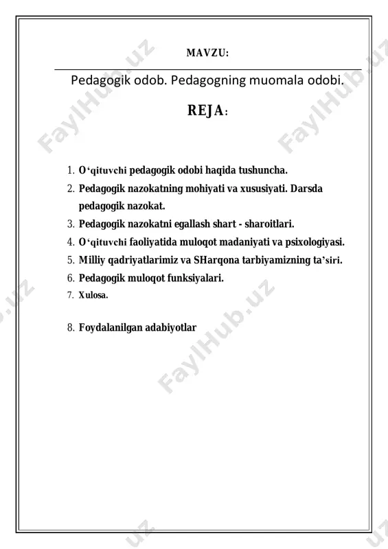vchi, adolatli kishi ekanligiga barchaning ishonchi komil bo‘lmog‘i lozim. sinfda o‘qituvchi "yaxshi ko‘radigan", "yomon ko‘radigani" bor degan taassurot tug‘ilmasligi kerak. fanning muhim muammolari yuzasidan erkin fikr yurita olishi va nihoyat o‘quvchilarni ham ijodiy fikrlashga, tadqiqot ishlariga o‘rgatish va jalb etishni talab qiladi. xullas, yaxshi o‘qituvchi bo‘lish uchun bo‘lajak muallim yuksak pedagogik odob madaniyatini egallashi zarur. buning uchun bo‘lajak o‘qituvchi pedagogik odobning talab va qoidalarini bilib, o‘zlashtiri6 olishi, tajribada pedagogik faoliyatda qo‘llashi, o‘zining dunyoqarashi va ahlokiy tajribasi bilan boyitishi lozim, fikrlash va his etish, turmushda sinab ko‘rish natijasida pedagogik odobning talab va qoidalari o‘qituvchining shaxsiy e’tiqodiga, axlokiy fazilatlariga aylanadi. haqiqatdan, o‘qituvchi yoshlarga ta’lim - tarbiya beruvchi kishi. «ta’lim to‘g‘risida»gi qonunning 5-moddasida shunday yozilgan: "tegishli ma’lumoti, kasbiy tayyorgarligi bor va yuksak axloqiy fazilatlarga ega bo‘lgan shaxslar pedagogik faoliyat bilan shug‘ullanish huquqiga ega". chunki ho‘qumat xalk ta’limi sohasida o‘rtaga qo‘yilayottan vazifalarni bajarish ko‘p jihatdan o‘qituvchiga bog‘liq. har qanday mutaxassis odob-ahloq namunalariga ega bo‘lishi …