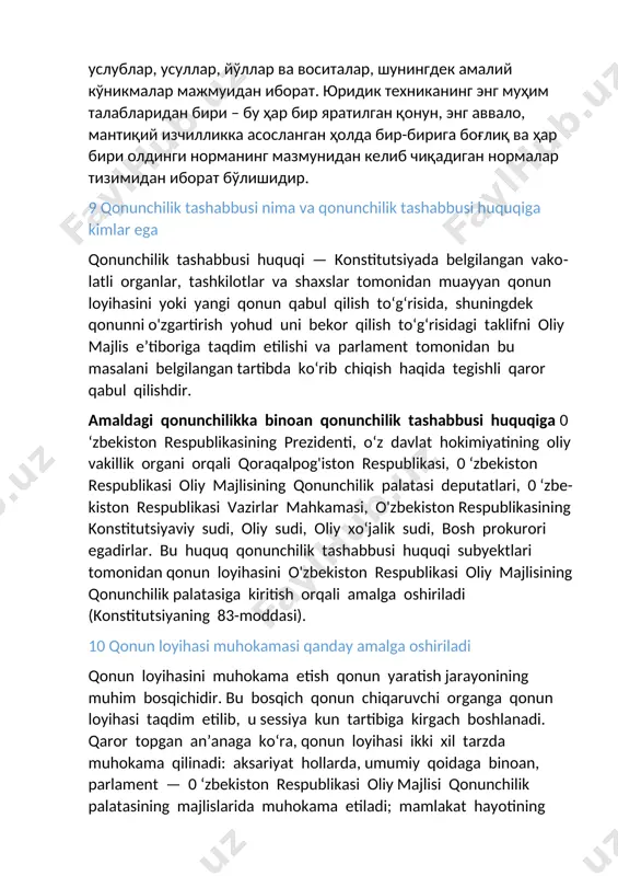 аввало, мантиқий изчилликка асосланган ҳолда бир-бирига боғлиқ ва ҳар бири олдинги норманинг мазмунидан келиб чиқадиган нормалар тизимидан иборат бўлишидир. 9 qonunchilik tashabbusi nima va qonunchilik tashabbusi huquqiga kimlar ega qonunchilik tashabbusi huquqi — konstitutsiyada belgilangan vako­latli organlar, tashkilotlar va shaxslar tomonidan muayyan qonun loyihasini yoki yangi qonun qabul qilish to‘g‘risida, shuningdek qonunni o'zgartirish yohud uni bekor qilish to‘g‘risidagi taklifni oliy majlis e’tiboriga taqdim etilishi va parlament tomonidan bu masalani belgilangan tartibda ko‘rib chiqish haqida tegishli qaror qabul qilishdir. amaldagi qonunchilikka binoan qonunchilik tashabbusi huquqiga 0 ‘zbekiston respublikasining prezidenti, o‘z davlat hokimiyatining oliy vakillik organi orqali qoraqalpog'iston respublikasi, 0 ‘zbekiston respublikasi oliy majlisining qonunchilik palatasi deputatlari, 0 ‘zbe- kiston respublikasi vazirlar mahkamasi, o'zbekiston respublikasining konstitutsiyaviy sudi, oliy sudi, oliy xo‘jalik sudi, bosh prokurori egadirlar. bu huquq qonunchilik tashabbusi huquqi subyektlari tomonidan qonun loyihasini o'zbekiston respublikasi oliy majlisining qonunchilik palatasiga kiritish orqali amalga oshiriladi (konstitutsiyaning 83-moddasi). 10 qonun loyihasi muhokamasi qanday amalga …