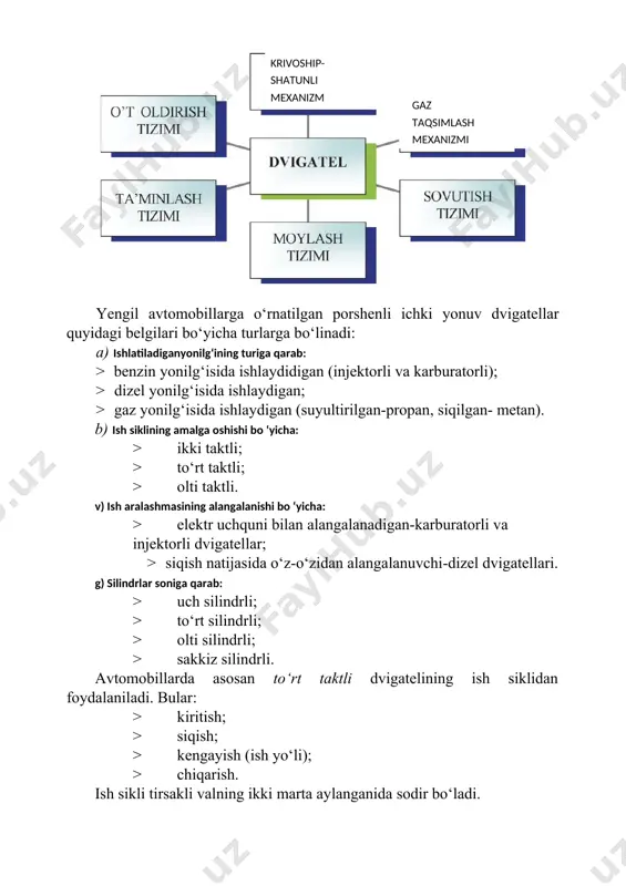 dvigatellarga dizel dvigatellari deyiladi va silindrdagi yonuvchi aralashmani elektr uchquni yordamida alangalantirish - bunday dvigatellarga karbyuratorli dvigatellar deyiladi. dizel dvigatellarda yonuvchi aralashma silindr ichida, karbyuratorli dvigatellarda esa yonuvchi aralashma karbyuratorda tayorlanib silindrga undan so’rib olinadi. shuning uchun bu ikki xil dvigatellarni bir-biridan yonuvchi aralashmaning tayorlanish usuliga qarab farqlanadi. ishchi jarayonlarning amalga oshirilishi bo’yicha: to’rt taktli va ikki taktli dvigatellardir. ishlatiladigan yoqilg’i turiga qarab: suyuq yoqilg’i bilan benzin va dizel yoqilg’isi bilan ishlovchi dvigatellar va gaz bilan ishlovchi dvigatellar (ishlatiladigan gazlar qisilgan va suyultirilgan holatda bo’ladi). silindrlar soniga qarab bir silindrli va ko’p silindrli (ikki- to’rt, olti silindrli va hokazo). silindrlarning joylashishiga qarab: bir qatorli va ikki qatorli dvigatellar (oxirgisi v-simon joylashish ham deb ataladi). porshenli ichdan yonar dvigatelar quyidagi mexanizmlardan: krivoship-shatun, gaz taqsimlash va tezliklar regulyatoridan hamda quyidagi sistemalardan - ta'minlash, sovutish, moylash, o’t oldirish va yurgizib yuborishdan iboratdir. 2.dvigatellarning asosiy mexanizm va tizimlari. porshenli iyodlari ikki mexanizm va besh …