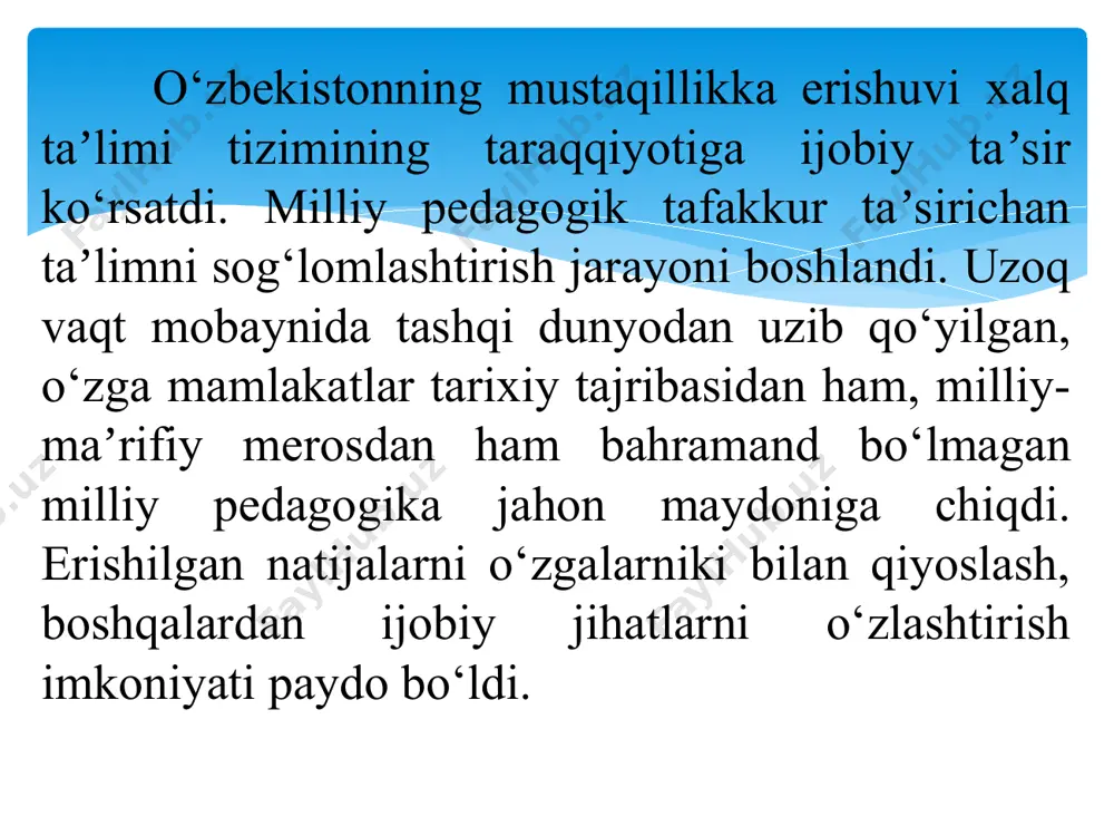 rtimizda 11 yillik maktab taʼlim tizimi qayta tiklandi. 2017-2019-yillarda respublika miqyosida 157 ta umumtaʼlim maktabi yangidan qurildi. ulug‘ allomalarimiz – mirzo ulug‘bek va muhammad xorazmiy nomidagi iqtidorli bolalar maktablari, hamid olimjon va zulfiya, erkin vohidov, аbdulla oripov, ibroyim yusupov, ishoqxon ibrat, muhammad yusuf, halima xudoyberdiyeva nomlari bilan atalgan ijod maktablari, “temurbeklar maktabi”, prezident maktablari, xususiy maktablar singari yangi va zamonaviy namunadagi taʼlim dargohlari tashkil etildi. taʼlimtarbiya ishlarini samarali olib borishda erkak o‘qituvchilarning alohida o‘rni va taʼsiri borligi hisobga olinib, ko‘rilgan aniq chora-tadbirlar natijasida xalq taʼlimi tizimiga 12 ming 871 nafar erkak o‘qituvchi qaytdi. pedagog xodimlar mehnatini rag‘batlantirish bo‘yicha ham katta ishlar qilinmoqda. 2017-2020-yillar oralig‘ida o‘qituvchilarning ish haqi o‘rtacha 2,5 barobar oshirildi. uzoq tumanlarga borib ishlayotgan pedagog kadrlar mehnatini rag‘batlantirish bo‘yicha aniq mezonlar belgilandi. ularga 50 foizgacha qo‘shimcha oylik ustamalar to‘lanmoqda. bu olis hududlarda yetishmayotgan mingdan ziyod o‘qituvchini jalb etish imkonini berdi. statistik maʼumotlarda keltirilishicha, 2006-yilda 6565 ta maktabgacha taʼlim muassasasi …