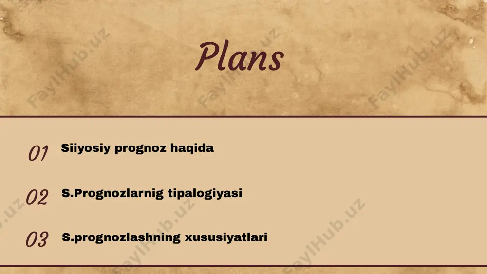 ir vaqtning o'zida ko'plab faktorlarni va faktorlarning o'zaro ta'sirini hisobga olishi kerakligini anglatadi. 2. o'zgaruvchanlik siyosiy prognozlar o'zgaruvchanlik xususiyatiga ega. siyosiy muhitdagi o'zgarishlar, ijtimoiy, iqtisodiy va madaniy omillar prognozlar natijasiga ta'sir ko'rsatadi. shuning uchun, prognozlar doimo yangilanib turilishi kerak. 3. mavjudlik siyosiy prognozlarning mavjudligi ularning amaliyotga mos kelishini va dolzarb muammolarni hal qilishda qo'llanilishini ta'minlaydi. prognozlar faqat nazariy bo'lmasligi, balki real hayotdagi vaziyatlarga ham mos kelishi kerak. siyosiy prognozlarning asosiy tiplari siyosiy prognozlar bir necha asosiy turlarga bo'linadi, har biri o'ziga xos xususiyatlari va foydalanish sohalariga ega: 1. **strategik prognozlar**: uzoq muddatli rejalashtirish uchun mo'ljallangan bo'lib, siyosiy jarayonlarni keng qamrovda tahlil qiladi. 2. **taktik prognozlar**: qisqa muddatli maqsadlar uchun ishlab chiqiladi va tezkor o'zgarishlarga moslashish imkonini beradi. 3. **operativ prognozlar**: aniq vaziyatlar va hodisalar bo'yicha tezkor qarorlar qabul qilishda yordam beradi. 4. **mavjud vaziyat prognozlari**: hozirgi vaqtdagi siyosiy holatni tahlil qilib, kelajakda yuz berishi mumkin bo'lgan o'zgarishlarni aniqlaydi. har bir …