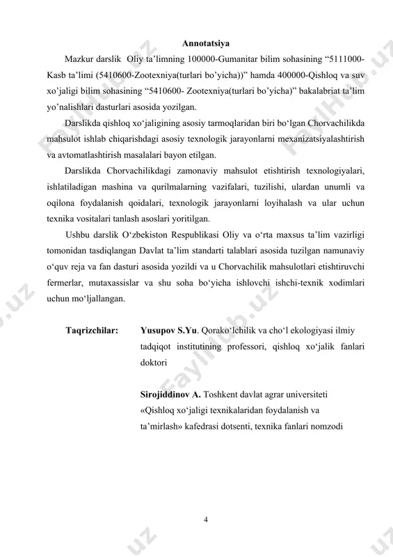 amalga oshirilmoqda va sohada islohotlar jadal sur’atlar bilan, bozor iqtisodiyotiga mos ravishda rivojlantirilmoqda. qishloq mehnatkashlari ilgari mutlaqo davlat tasarrufida bo‘lgan erdan uzoq muddatli ijara shaklida, jamoa, fermer va dehqon xo‘jaliklari sifatida mustaqil ravishda samarali foydalanmoqda va aholini oziq-ovqat mahsulotlari bilan, sanoatni esa qimmatbaho xom ashyo mahsulotlari bilan ta’minlash borasida katta yutuqlarga erishmoqda. mustaqillik yillarida qishloq xo‘jaligini isloh etish hukumatimizning birinchi darajadagi - asosiy galdagi vazifasi bo‘lib kelmoqda. hozirgi vaqtda jamiyatimizning tubdan yangilanishi, demokratik jarayonlarning rivojlanishi ko‘p jihatdan qishloq xo‘jaligida islohotlarning qanday ketayotganligiga va islohotlarning qishloq hayotining barcha jabhalariga jadal kirib borayotganligiga bog‘liq. qishloqda ijtimoiy infratuzilmaning rivojlanishi natijasida qishloq aholisining turmush sharoitini shahar aholisidan qolishmaydigan darajaga etkazish, qishloqqa sanoat tarmoqlarini kirgizish, zamonaviy texnologiyalar bilan ishlaydigan, kichik va katta korxonalar tashkil etish dasturlarini amalga oshirish masalasi hukumatimizning doimiy diqqat etiborida bo‘lib kelmoqda. qishloq xo‘jaligining etakchi tarmog‘i bo‘lgan chorvachilikda islohotlar bozor iqtisodiyotiga mos ravishda intensiv rivojlanib bormoqda. ma’lumki, bu soha o‘zining murakkabligi va …