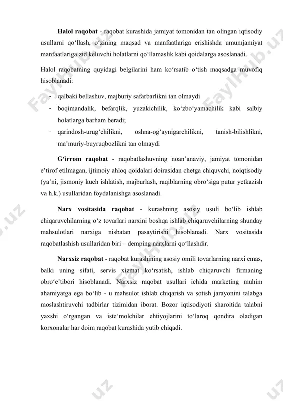 gsizlikning kuchayishi, iqtisodiy turgʻunlik va fan-texnika taraqqiyotining sekinlashuvi, iqtisodiyotda demokratik harakatlarning toʻsib qoʻyilishi 4. oʻzbekistonda raqobatchilik muhitining vujudga kelishi va monopoliyaga qarshi qonunchilik oʻzbekistonda raqobatchilik muhitini vujudga keltirishning asosiy yoʻli, bu raqobatni inkor qiluvchi davlat monopoliyasidan nodavlat, turli xoʻjalik shakllarining mavjudligiga asoslangan va iloji boricha erkin raqobatni taqozo etuvchi bozor tizimiga oʻtishdir. bu yerda raqobatchilik munosabatlarini shakllantirish, avvalo, mustaqil erkin tovar ishlab chiqaruvchilarning paydo boʻlishini taqozo qiladi, chunki raqobatning asosiy sharti alohidalashgan, mulkiy masʼuliyat asosida oʻz manfaatiga ega boʻlgan va tadbirkorlik tahlikasini zimmasiga oluvchi erkin xoʻjalik subyektlarining mavjudligi, ularning bozor orqali aloqa qilishidir. oʻzbekistonda samarali raqobat muhitini yaratish uchun koʻriladigan chora-tadbirlar: 1. iqtisodiyotda davlat monopolizmining har qanday namoyon boʻlishini maksimal darajada bartaraf etish 2. bozor sharoitida vujudga kelayotgan monopoliyalarning bozordagi oʻz ustunlik mavqelarini suisteʼmol qilish imkoniyatlarining oldini olish oʻzbekistonda “monopol faoliyatni cheklash toʻgʻrisida”gi qonun (1992-yil, avgust) quyidagilarni man qiladi: · bozorda ataylab taqchillik hosil qilish · narxlarni monopollashtirish · raqobatchilarning …