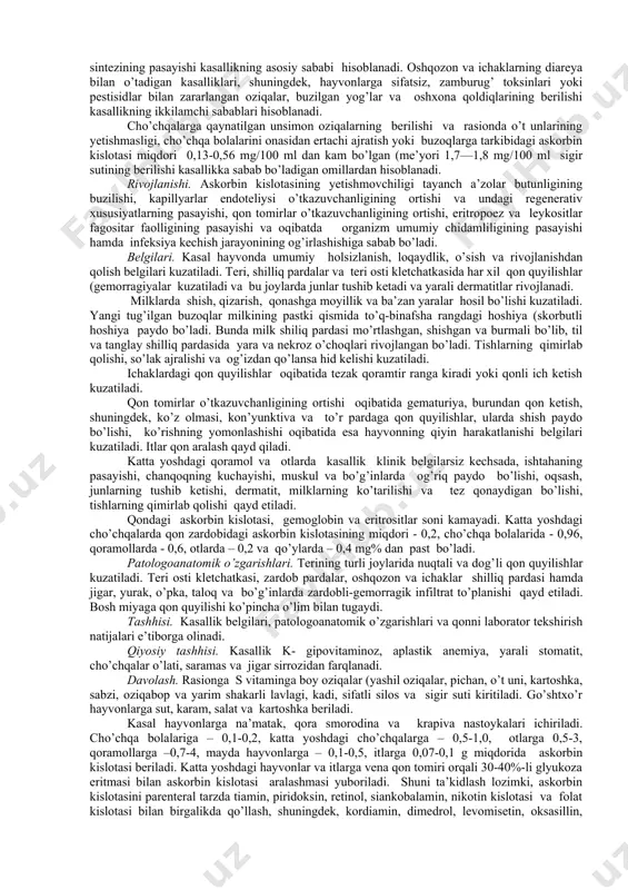 konsentrat tiplaridagi rasionda saqlanganda yoki rasionda pichan, o’t uni va yashil oziqalar yetishmagan paytlarda kuzatiladi. hayvonlarga uzoq saqlangan yog’li go’sht va baliq maxsulotlari, tarkibida ko’p miqdorlarda nitrat va nitrit saqlovchi oziqalar yoki kimyoviy konservantlar bilan ishlov berilgan donli oziqalarning berilishi ham kasallikka sabab bo’lishi mumkin. ye-gipovitaminozning kelib chiqishida tokoferolning antioksidantlik xususiyatini kuchaytiruvchi modda hisoblangan selen yetishmovchiligi, hayvonlarga chirigan va mog’orlangan somon, senaj, donli oziqalar yoki buzilgan yog’larning berilishi kasallikning kelib chiqishidagi ikkilamchi omillar hisoblanadi. rivojlanishi. ye–vitamin tabiiy antioksidant hisoblanadi va biologik oksidlanishning oxirgi bosqichlarida qatnashib, kislorodga elektronlarni o’tkazish amalga oshadigan sitoxromli zanjirning asosiy komponentlaridan biri hisoblanadi. shu bilan birgalikda ye - vitaminning funksional ta’siri organizmdagi selen, a - vitamin va oltingugurt saqlovchi aminokislotalar miqdorlariga bog’liq. ye – vitamin yetishmaganda yog’larning oksidlanishi buziladi, organizmda peroksidlarning to’planib qolishi, jigarda yog’li distrofiya rivojlanishi va gepatositlar nekrozi kuzatiladi. erkak hayvonlarda urug’donlar distrofiyasi, spermiogenezning susayishi va jinsiy instinktning yo’qolishi qayd etiladi. urg’ochi hayvonlarda follikulalar yetilishining …