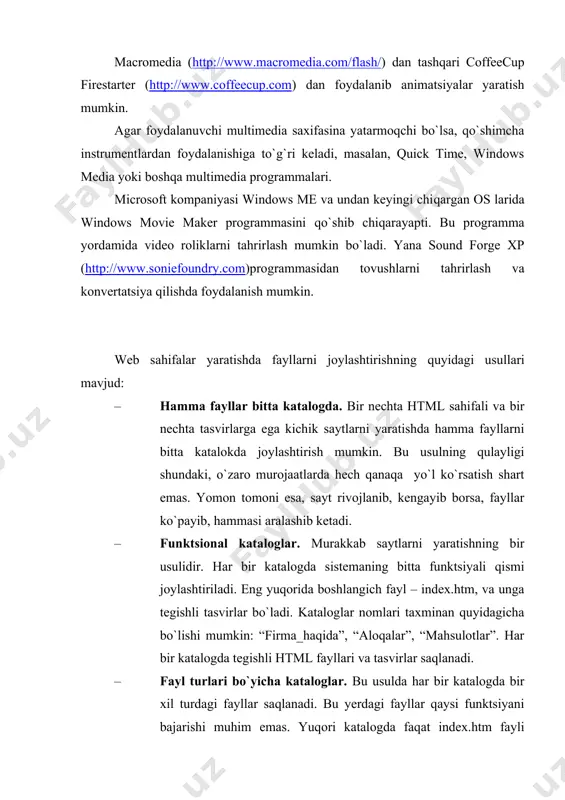 m index.htm, index.html kabi saqlanadi. ko`pchilik brauzеrlar agar url aniq ko`rsatilmasa bu fayllarni avtomatik yuklashga harakat qiladi. masalan, brauzеrning adrеslar panеliga http://www.microsoft.com dеb yozilsa http://www.microsoft.com/index.htm faylini yuklaydi. faylni saqlashga unga mantiqiy nom tanlash kеrak bo`ladi. fayl nomidan uni boshqa fayllardan oson ajrata olish kеrak. masalan, about_inst.htm, fiz_mat.htm, rector.jpg kabi nom qo`yish maqsadga muvofiq. notepad ni ochamiz. html faylni yaratishni boshlaymiz. sarlavxa yozish uchun: tеglari yoziladi. brauzеr bu tеglar o`rtasidagi matnni sarlavxa dеb tushunadi va brauzеrning eng tеpa qismiga shu matnni yozadi. endi saxifaning tanasini hosil qilamiz: bu tеglar o`rtasiga xamma matn va tasvirlarni joylashtirish kеrak. html shablon bo`lishi uchun html sahifaning sarlavxa va tanasini o`z ichiga olgan kuyidagi zarur tеglar еtishmayapti: dеmak html shablon kuyidagi ko`rinishga ega bo`ldi: va tеglari o`rtasiga quyidagi tеglarni joylashtirish mumkin: , – xujjat nomi. masalan: jdpi ning vеb saxifasi – ma`lumotlar haqidagi ma`lumot. ya`ni bu еrda asosiy tеrminlar yoziladi. qidiruv sistеmalari ishlaganda aynan shu tеrminlar …