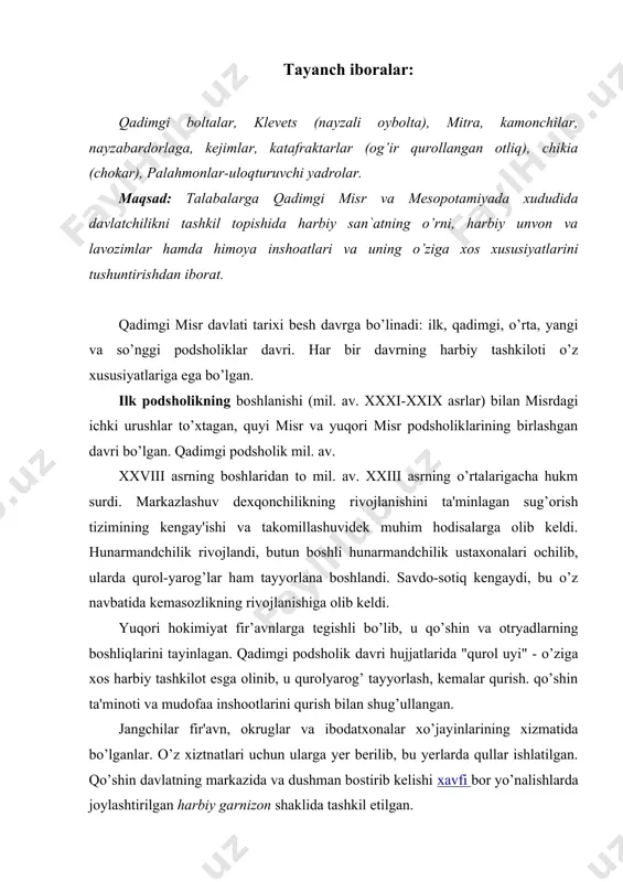 bu yerlarda qullar ishlatilgan. qo’shin davlatning markazida va dushman bostirib kelishi xavfi hyperlink "http://xav.fi/" \h bor yo’nalishlarda joylashtirilgan harbiy garnizon shaklida tashkil etilgan. qadimgi podsholik jangchilari quyidagi qurol-yarog’larga ega bo’lganlar: toshdan yasalgan to’qmoqlar, kamon, misdan tayyorlangan jangovar boltalar, uchlari toshdan yasalgan nayzalar, toshdan yoki misdan yasalgan jangovar xanjarlar. jangchilar himoya quroli sifatida teri bilan qoplangan yog’och qalqonlardan foydalanganlar, qo’shin otryadlardan tashkil topgan. jangchilar jangovar tayyorgarlik bilan shug’ullanganlar, bu mashg’ulotlarni harbiy ta'limning maxsus boshlig’i olib borgan. qadimgi podsholik davridayoq misrliklar sherenga tartibini qo’llaganlar. safdagi hamma jangchilar bir xil qurollarga ega bo’lganlar. qadimgi podsholik davridagi qal’alar turli xil shaklda qurilgan (aylana, oval, to’rtburchak). ayrim hollarda qal'a devorlari ustida maydoncha va brustverga ega bo’lgan kesik konus shaklidagi aylana minoralar bilan mustahkamlangan. qal’alarni shturm qilishda misrliklar shturmchi narvonlardan foydalanganlar. qal'a devorlarini buzib, u yerda rahnalarni hosil qilish katta lomlar yordamida amalga oshirilgan. keyinchalik qal'alarni shturm qilish texnikasi va usuli joriy qilindi. misrliklarning kemalari eshkakli …