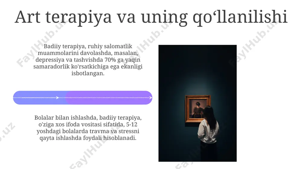 rli xil kasalliklar, anatomik tuzilmalar va davolash usullari tasvirlangan 110 sahifadan iborat bo'lib, tibbiy illyustratsiyalarining muhim manbai hisoblanadi. leonardo da vinchining anatomik chizmalari (15-16-asrlar), inson tanasining murakkab tuzilmasini detalli aks ettirib, 300 dan ortiq anatomik rasmlar bilan tibbiy san'atning yuksak cho'qqilaridan biri hisoblanadi. bemorlarning ruhiy holatiga taʼsiri bemorlarning 70% gacha bo'lgan qismi kasallik davrida depressiya yoki xavotir holatlarini boshdan kechirishi mumkin, bu esa davolanish samaradorligiga salbiy ta'sir ko'rsatishi mumkin. o'tkir og'riqlarni boshdan kechirayotgan bemorlarda vizualizatsiya va boshqa tasavvur texnikalarini qo'llash og'riqni sezish darajasini 20-25% pasaytirishi va analjeziklarga bo'lgan ehtiyojni kamaytirishi mumkin. meditsina va sanʼatning kelajagi tibbiyot va sanʼatning kelajagi ai va mashina oʻrganishi yordamida 3d bioprinting texnologiyalari orqali individualizatsiyalashgan davolash usullarini yaratish va shaxsiylashtirilgan sanʼat asarlarini yaratish imkoniyatlarini ochib beradi. bio-sanʼat yoʻnalishi, yaʼni tibbiy tasvirlar va genetik maʼlumotlar asosida yaratilgan sanʼat asarlari soni 2030-yilga kelib 2 barobar oshishi va psixologik sogʻliqni saqlashda muhim rol oʻynashi kutilmoqda. e'tiboringiz uchun rahmat @taqdimot_robot …