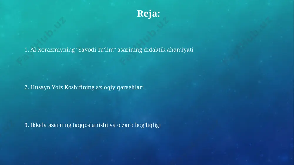 amalda qoʻllashga yordam beradi. asarning ahamiyati va dolzarbligi husayn voiz koshifiyning axloqiy qarashlari, 5 asosiy fazilatga asoslangan tarbiya tizimi orqali, zamonaviy taʼlim tizimiga 3 ta muhim qoʻshimchalarni taklif qiladi. asarning dolzarbligi, 21-asrning globallashuv sharoitida, insonparvarlik va milliy qadriyatlarni targʻib qilishga qaratilgan pedagogik yondashuvlarni taklif qilishi bilan belgilanadi. asarning didaktik ahamiyati asarda 5 ta asosiy bob mavjud boʻlib, har bir bob oʻquvchilarning turli yosh va bilim darajalariga moslashtirilgan. ushbu asarning didaktik ahamiyati, til oʻrganish usullarining 10 ga yaqin turini taklif qilishi va ularning amaliy qoʻllanilishini koʻrsatishi bilan bogʻliq. husayn voiz koshifiyning axloqiy qarashlari husayn voiz kashifiyning axloqiy qarashlari, 7 asosiy fazilatga asoslangan bo'lib, ulardan biri adolatlilik, ikkinchisi esa halollik va poklik edi, bu esa uning 10 ga yaqin asarlarida aks etgan. kashifiyning ta'limiy axloqiy tizimi, 5 ta asosiy tarkibiy qism – ilm, amaliyot, imon, mehr-oqibat va sabr-toqatga – asoslangan bo'lib, uning asarlarida batafsil bayon etilgan. matn tahlili va mazmuniy xususiyatlari "savodi …