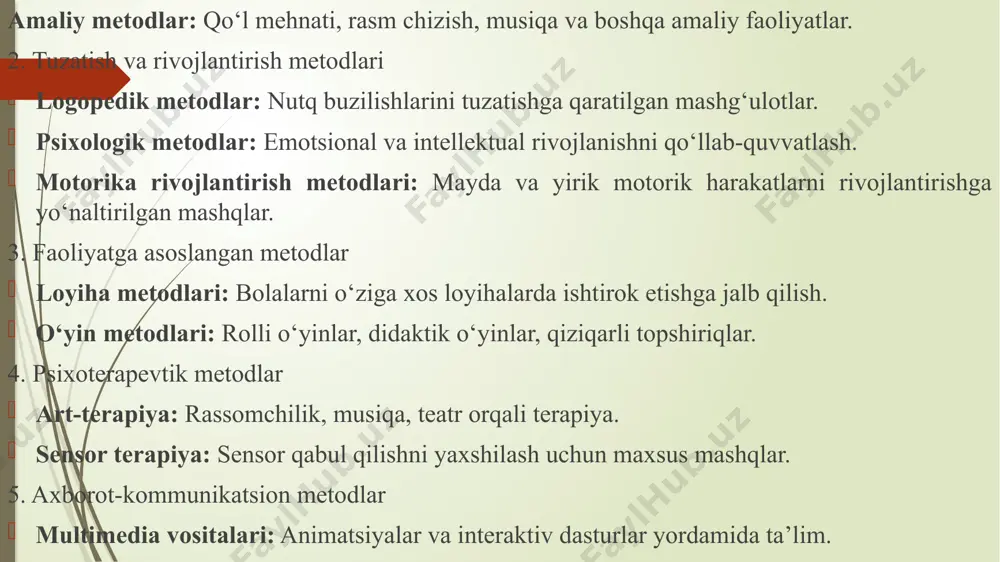 'zbekiston respublikasi konstitutsiyasi: konstitutsiyada har bir shaxsning teng huquqlarga ega ekanligi, ta’lim olish huquqi kafolatlanadi. bu inklyuziv ta’lim siyosatining asosiy huquqiy poydevori hisoblanadi. ."ta’lim to‘g‘risida"gi qonun (2020): ushbu qonun ta’lim olishda tenglikni ta’minlashni, inkluziv ta’limning zarurligini va ularni amalga oshirishni ko‘zda tutadi. 3nogironlar huquqlari to‘g‘risida xalqaro konvensiya: o'zbekiston 2009-yilda bmt ning nogironlar huquqlari to‘g‘risidagi konventsiyasini imzolagan, bu esa inklyuziv ta’limni rivojlantirishni maqsad qiladi. 4.o'zbekiston respublikasining "nogironlar huquqlari to‘g‘risida"gi qonuni: ushbu qonun nogironligi bo‘lgan bolalarning ta’lim olish huquqini himoya qiladi va inklyuziv ta’limni ta’minlash uchun zarur huquqiy bazani yaratadi. inklyuziv ta’lim siyosatining huquqiy asoslari. inklyuziv ta’lim tamoyillari. muvaffaqiyatli inklyuziya resurslari. inklyuziyaning komponentlari, mezonlari va ko‘rsatkichlari. inklyuziv ta’lim tamoyillari inklyuziv ta’limning asosiy tamoyillari quyidagilardan iborat: 1.tenglik va adolat: har bir bola, shu jumladan, nogiron bolalar ham teng imkoniyatlarga ega bo‘lishi kerak. inklyuziv ta’limda barcha o‘quvchilarga bir xil sifatli ta’lim berish maqsad qilinadi. 2.qabul qilish: barcha bolalar (nogiron yoki maxsus ehtiyojlari bo‘lganlar ham) …