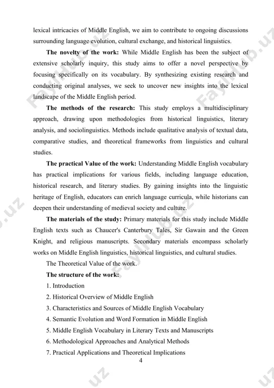 torical linguistics, sociolinguistics, and cultural studies by providing empirical evidence and analytical frameworks for understanding the evolution of language and culture. it offers theoretical insights into processes of lexical change, language contact, and sociocultural dynamics during the middle english period. chapter i. introduction to middle english vocabulary 1.1 overview of the middle english period the middle english period, spanning roughly from the norman conquest of england in 1066 to the end of the 15th century, marks a significant era in the linguistic, cultural, and social evolution of england . this period witnessed profound transformations in all facets of life, including language, literature, governance, and religion. here, we provide an overview of the middle english period, highlighting its key features, historical context, and cultural developments. the middle english period began with the norman conquest of england in 1066, when william the conqueror, duke of normandy, defeated king harold ii at the …