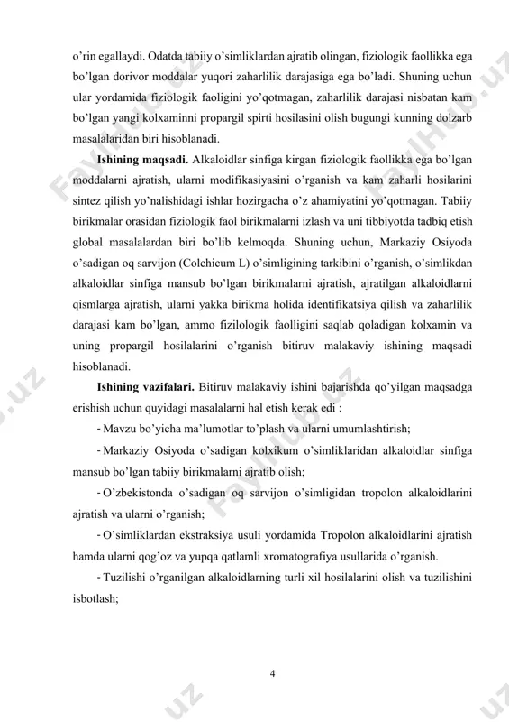 li- tumanligi, muhim fiziologik faollikka ega bo’lishi hamda yangidan – yangi vakillarining kashf etilishi hozirgi kunda ham ushbu oila o’simliklarining mahalliy sharoitlarda o’rganilishi dolzarb vazifalardan biri ekanligini ko’rsatadi. bitiruv malakaviy ishining оb’еkti. alkaloid saqlaydigan asosan bir nechta tur oilalar hisoblanadi. bular, lolaguldoshlar, ra’noguldoshlar va murakkabgullilar hisoblanadi. alkaloidlar o‘simliklarning hamma organlarida uchramaydi. ular o’simlikning aniq bir qismida bo’ladi. sarvinjon o’simligidan kolxaminni ajratib olish va uni propargil spirti bilan reaksiyasi. ishining tadqiqot usullari. o’simliklardan alkaloidlar ajratib olishning bir nechta usullari bor. alkaloid saqlagan o’simliklar yig’ilgandan keyin soya joyda quritiladi va ezib maydalangandan so’ng ishqor yoki ammiak bilan ishlanadi, keyin erkin alkaloid suvli eritmadan efir, xloroform yoki boshqa organik erituvchi bilan izvlekat qilinadi, undan keyin alkaloid kislotali muhit bo’lgan suvli eritmaga o’tkaziladi. ko’pgina alkaloidlar pikrin va fosformolibdat kislotalar kam eruvchan tuzlar hosil qiladi va timin hamda hgj bilan cho’ktiriladi. bitiruv malakaviy ishining ilmiyligi. o’rganilayotgan mavzuning ilmiyligi propargil o’rnini bosuvchi geterotsiklik aminlarning sintez jarayonlari …