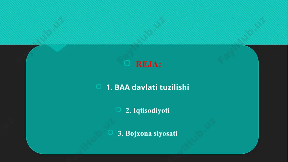 lakatlari bilan ikki tomonlama hamkorligini yanada rivojlantirish bo‘yicha tadbirlar dasturi alohida ahamiyatga molik. mazkur davlatlar bilan siyosiy muloqotlar oliy va yuqori darajada amalga oshirib kelinmoqda. xususan, o‘zbekiston respublikasi prezidenti i.a.karimov tomonidan birlashgan arab amirliklariga (17-18 mart 2008-yil) amalga oshirilgan rasmiy tashriflar ikki tomonlama aloqalarni rivojlantirishda muhim ahamiyat kasb etib, o‘zaro manfaatli hamkorlikni o‘rnatishga asos soldi. baa iqtisodiyoti baa yaimning oʻsishi 2010-yilga nisbatan 3,2 %, inflyatsiyaning tushishi esa 1 %. baa iqtisodiy oʻsishi 2010-yilda 3,2 %, uning katta qismi neft boʻlmagan sektorlardan, inflyatsiyaning tushishi 1 % kutilmoqda — deydi davlat iqtisodiyot vaziri. yaimning oʻsishida 71 % neftsiz maxsulotlarga toʻgʻri keladi, 2008-yilda bu koʻrsatkich 66,5 % edi, — deydi sultan bin said al mansuriy. savdo tashkilotlari opec va wto. asosiy import hamkorlari: xitoy 12,9 %, hindiston 12 %, aqsh 8,6 %, yaponiya 6 %, turkiya 4,4 %, italiya 4,2 %. qarzi: $128,6 million (2009-yil dekabr maʼlumoti), davlat qarzi 47,2 %, zarari $54,68 …