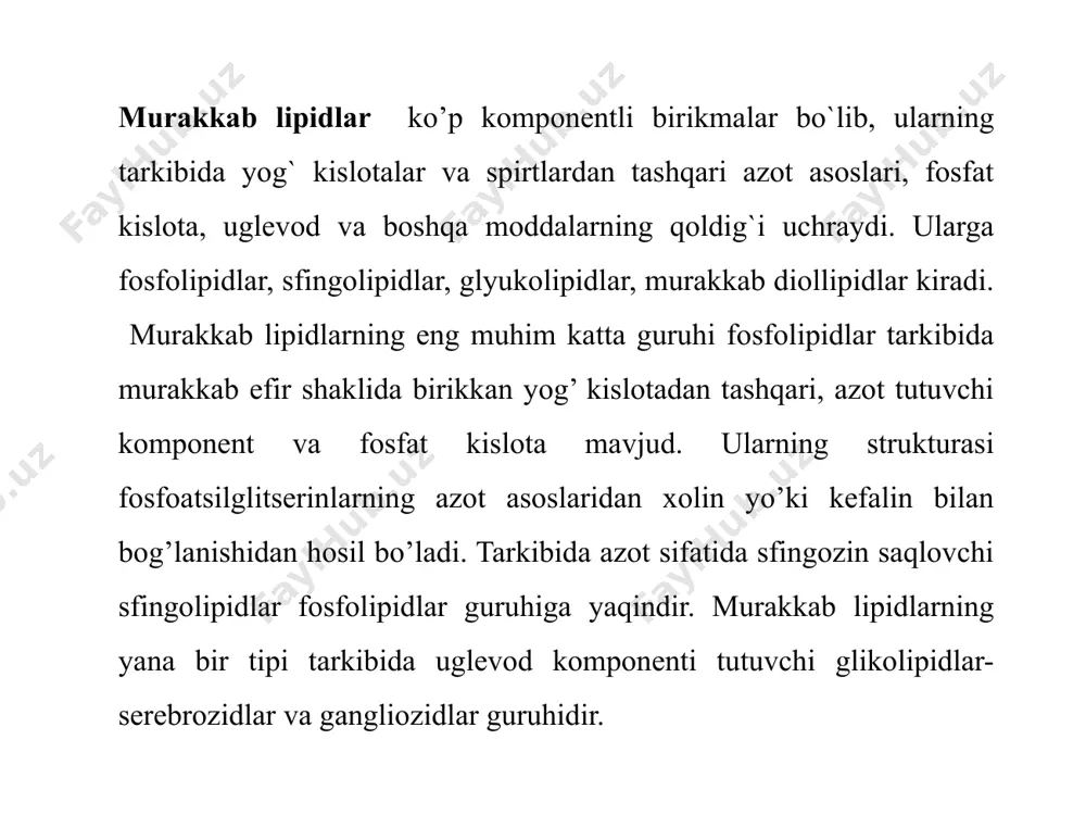 ni saqlaydi. to’yingan yog’ kislotalari to’g’ri zanjirdan iborat bo’lsa, to’yinmagan yog’ kislotalarida sis- transizomerlar ham mavjuddir. biroq hayvonlar yog’larida faqat sisizomerlar uchraydi. biroq qo’shbog’ saqlagan uglerodlar doimo 30o ga egilgan bo’ladi. yog’larning fizik-kimyoviy xossalari ko’pincha ular tarkibiga kiradigan yog’ kislotalari xossalariga nisbatan aniqlanadi. yog’lar tarkibida to’yingan yog’ kislotalari miqdorining yuqori bo’lishi, ularga qattiqlik bag’ishlaydi va suyuqlanish haroratlarining yuqori bo’lishiga olib keladi. ular tarkibida to’yinmagan yog’ kislotalari miqdorining ortishi bilan suyuqlanishi darhol pasayadi. masalan: cho’chqa salasi suyuqlanish harorati 36-460c bo’lsa, kungaboqar moyi oddiy sharoitda suyuqdir hamda uning qotish harorati –210c ga tengdir. yog’ suvda erimaydi, hatto uzoq vaqt aralashtirilganda ham beqaror emultsiya hosil qiladi. yog’larning barqaror emultsiyasini emulgator-moddalar qo’shish yordamida hosil qilinadi. emulgatorlar suv-moy fazalar chegarasida yirik moy tomchilarining juda mayin sferik (1000 nm) shakilda bo’lishini ta’millaydi. organizmda yog’lar gidrolizga uchrashi natijasida gliserin va erkin yog’ kislotalari hosil bo’ladi. bu jarayonda lipaza fermenti katalizatorlik qiladi. yog’larning gidrolizi ularni ishqor eritmalari bilan …