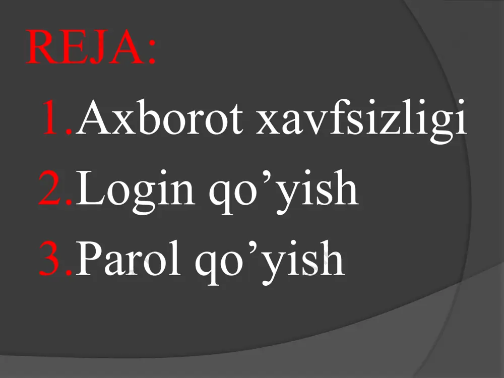 i. bunday holatlarga tabiiy, texnogen va ijtimoiy ofatlar, kompyuterning ishdan chiqishi, jismoniy oʻgʻirlik va boshqalar kiradi. dunyodagi aksariyat tashkilotlarning ish jarayonlari hanuz qogʻoz asosidagi xujjatlarga asoslangan, boʻlib, tegishli axborot xavfsizligi choralarini talab qilsa-da, korxonalarda raqamli texnologiyalarni joriy etish boʻyicha tashabbuslar soni barqaror oʻsib bormoqda. bu esa axborotni himoya qilish uchun axborot texnologiyalari (it) xavfsizligi boʻyicha mutaxassislarni jalb qilishni talab qiladi. login "log in" iborasidan kelib chiqqan bo'lib, login degan ma'noni anglatadi. u ro'yxatdan o'tish zarur bo'lgan har qanday saytda ishlatiladi (yandex va google kabi yirik onlayn portallar, ijtimoiy tarmoqlar, har xil xizmatlar, videoxosting). endi tushunishga harakat qilaylik loginni qanday yaratish kerak, bu kerakli parametrlarga mos keladi. kirish va foydalanuvchi nomi o'rtasida farq bo'lishi kerak. kirish keyingi avtorizatsiya uchun mo'ljallangan va qaysi xizmatda (rus yoki ingliz) ro'yxatdan o'tganligingizdan qat'i nazar, lotin harflarida yozilishi kerak, aks holda tizim buni qabul qilmaydi. har qanday tizim har bir foydalanuvchini aniqlab olishi kerak. shuning uchun …