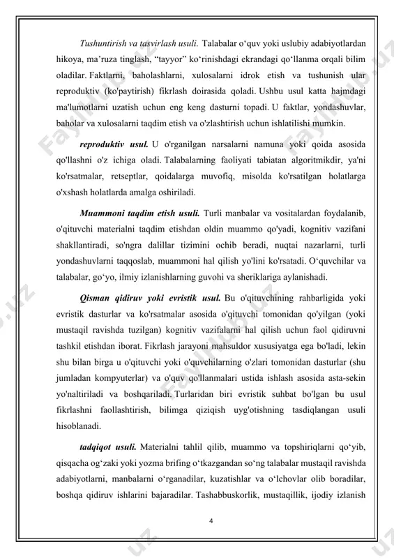 iya-ko'payish bosqichining usullari hikoya o'qituvchi yoki talabalar tomonidan o'quv materialini taqdim etishning monolog shaklidir. bunda o‘quvchining eshitish idroki, g‘oyalari va tasavvurlarini harakatga keltiradigan aniq faktlar, ularning munosabatlari va o‘zaro bog‘liqligiga e’tibor qaratiladi. hikoya qilish jarayonida bolalar nafaqat faktlarni o'rganadilar, balki ularga materialni izchil taqdim etish qobiliyatini ham o'rgatadilar. o‘qituvchi yoki o‘quvchilarning tushuntirishi ham taqdim etishning monolog shakli bo‘lib, u o‘rganilayotgan hodisa yoki hodisaning mohiyatini, uning boshqa hodisalar, hodisalar bilan bog‘lanish va o‘zaro bog‘liqlik tizimidagi o‘rnini aniqlashni ta’minlaydi. uning vazifasi qonunlar, qoidalar, haqiqatning ilmiy mohiyatini mantiqiy usullar, ishonchli dalillar va dalillar yordamida ochib berishdir. tushuntirish jarayonida talabalarga rasmiy mantiqiy va dialektik fikrlash, bahslashish va himoyalangan pozitsiyalarni isbotlash qobiliyati o'rgatiladi. o'qituvchining bolalar bilan suhbati o'quv materialini taqdim etish va o'zlashtirishning dialogik shaklidir. bu bolalar muammoni muhokama qilishda malakali ishtirok etish, umumlashtirish, xulosalar chiqarish, haqiqatga harakat qilish uchun zarur va etarli bo'lgan ma'lum empirik bilimlarga ega ekanligini taxmin qiladi. maktab o'quvchilarining o'qituvchi suhbatida …