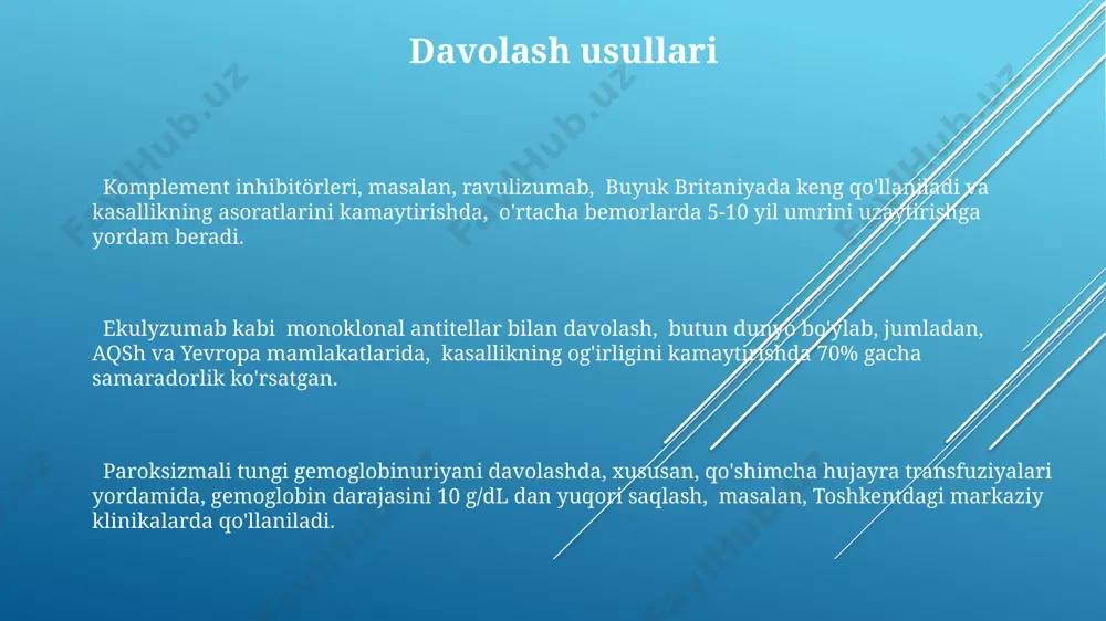 n. davolashning samarasini baholashda, masalan, 5 yillik kuzatuv davrida, bemorda tromboz xavfini kamaytirish uchun qo'llaniladigan dori vositalarining 70% ta'sir ko'rsatishini aniqlash muhim ahamiyatga ega. paroksizmal tungi gemoglobinuriya (png) kasalligi bilan og'rigan bemorlarda 30 yoshdan oshganlar orasida buyrak etishmovchiligi xavfi 2 barobar yuqori ekanligi kuzatilgan, ayniqsa, qashqadaryo viloyatida o'tkazilgan tadqiqotlar buni tasdiqlaydi. tashxis qo'yish usullari pnh diagnostikasi uchun oltin standart hisoblangan, flow sitometriya usuli orqali cd55 va cd59 oqsillarining eritrotsitlar yuzasida kamayganligini aniqlash, aqshda keng qo'llaniladi. hamoglobinuriya belgilarini aniqlash uchun siydik tahlillari, xususan, gemoglobin va haptoglobin darajasini o'lchash, masalan, rossiya federatsiyasi klinikalarida qo'llaniladi. suyak ko'migi biopsiyasi orqali pnh ta'sirlangan eritroid hujayralar sonini aniqlash va shu orqali kasallikning og'irlik darajasini 1-3 ball shkalasi bo'yicha baholash mumkin, masalan, germaniyada. kasallikning sabablari pnhning asosiy sababi piga geni mutatsiyasi bo'lib, bu genning 1q23 xromosomasida joylashganligi ma'lum va bu mutatsiya qon hujayralarining yuzasida cd55 va cd59 kabi oqsillar yetishmasligiga olib keladi. kasallikning rivojlanishiga ta'sir etuvchi omillar …