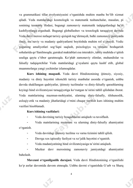ev[footnoteref:3], r. ismoilov[footnoteref:4] va boshqalar veda davrining diniy, madaniy va ijtimoiy jihatlarini o‘rganishda davom etmoqda. ularning ishlari hindistonning qadimgi madaniyati va diniy qarashlari haqida yangi bilimlarni taqdim etadi. hozirgi kunda veda davriga oid ilmiy tadqiqotlar ko‘plab o‘zbek olimlari tomonidan yirik ilmiy markazlarda davom ettirilmoqda. o‘zbek tilida veda matnlarining tarjimasi va sharhlari bo‘yicha ham salmoqli ishlar amalga oshirilgan. bu, o‘z navbatida, hindiston madaniyatini va uning ta’sirini chuqurroq tushunish imkonini yaratmoqda. [2: usmonov, s. (2005). hind tilshunosligi va sanskrit grammatikasi. toshkent: o‘zbekiston milliy universiteti. — bu asar s. usmonovning veda davri tilshunosligini o‘rganishdagi yirik ilmiy ishlari va sanskrit tilining rivojlanishi haqidagi tadqiqotlarini o‘z ichiga oladi.] [3: jo‘rayev, m. (2010). veda davrining diniy va falsafiy qarashlari. toshkent: yangi o‘zbekiston nashriyoti. — m. jo‘rayevning veda davrining diniy va falsafiy mazmuniga oid ilmiy tadqiqotlari.] [4: ismoilov, r. (2012). hindiston madaniyati va veda matnlarining tarixi. toshkent: ilm va ta’lim. — bu asar hind madaniyati va veda …