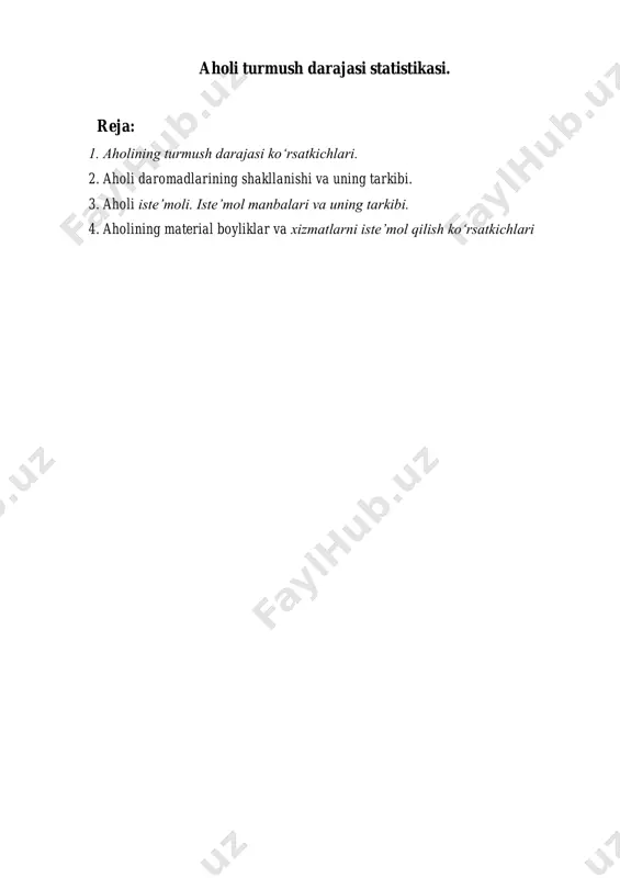 odalovchi asosiy ko‘rsatkichlar tizimi» https://azkurs.org/fizika-7--sinf-test-i-variant.html zamonaviy talablarga javob beradi va ancha to‘liq ishlangan. uning 7 bo‘limida 39ta ko‘satkich keltirilgan: 1. jamlovchi ko‘rsatkichlar 2. aholi daromadlari 3. aholi harajatlari va iste’moli 4. aholining pul jamg‘armalari 5. yig‘ilgan mulk va turar joy 6. aholining ijtimoiy tabaqalanishi 7. aholining kam ta’minlangan qatlami. aholi turmush darajasini ifodalovchi ko‘rsatkichlar tizimining oхirgi varianti bmt tomonidan 1978 yilda taqdim etilgan. 1. tug‘ilish, vafot etish va boshqa aholini harakterlaydigan ko‘rsatkichlar 2. turmushning sanitariya-gigiena sharoitlari 3. oziq-ovqat mahsulotlarini iste’mol qilish 4. turar joy sharoitlari 5. ta’lim va san’at 6. mehnat sharoiti va bandlilik 7. aholining daromadlari va harajatlari 8. yashash qiymati va iste’mol baholari 9. transport vositalari 10. dam olishni tashkil etish https://azkurs.org/amaliy-mashgulot-rieltorlik-xizmatlari-bozori.html https://azkurs.org/reja-pulning-nominallik-nazariyasining-yuzaga-kelish-shart-sha.html https://azkurs.org/4-mavzu-ish-joylarini-tashkil-etish-va-rejalashtirish.html 11. ijtimoiy ta’minot 12. insonning erkinligi turmush darajasini ifodalovchi ko‘rsatkichlarni shartli ravishda o‘lchov turlariga qarab quyidagi guruhlarga ajratish mumkin: sintetik qiymat ko‘rsatkichlari (yaim, iste’mol fondi, aholining jami daromadlari va h.k.)` fizik ko‘rsatkichlar, konkret material …