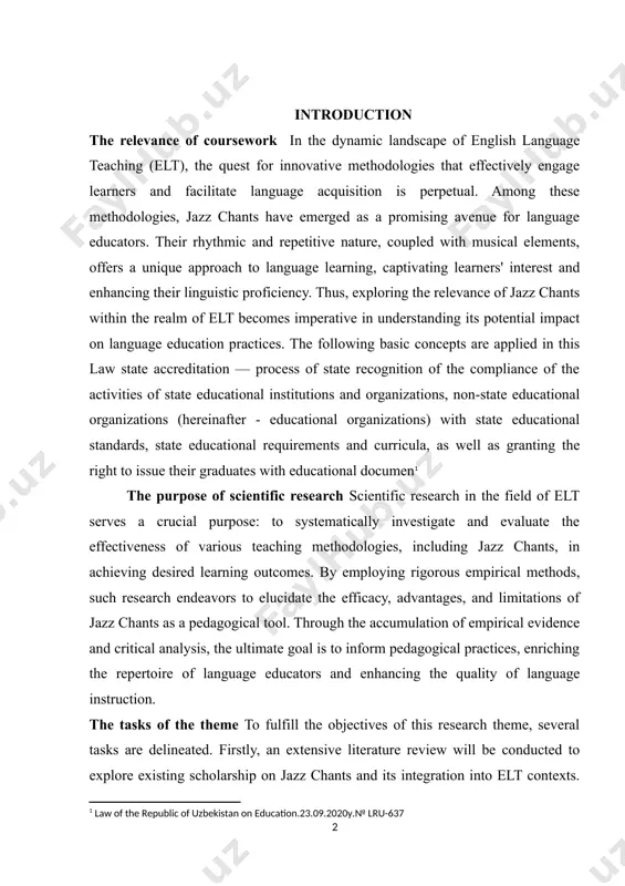 issue their graduates with educational documen the purpose of scientific research scientific research in the field of elt serves a crucial purpose: to systematically investigate and evaluate the effectiveness of various teaching methodologies, including jazz chants, in achieving desired learning outcomes. by employing rigorous empirical methods, such research endeavors to elucidate the efficacy, advantages, and limitations of jazz chants as a pedagogical tool. through the accumulation of empirical evidence and critical analysis, the ultimate goal is to inform pedagogical practices, enriching the repertoire of language educators and enhancing the quality of language instruction. the tasks of the theme to fulfill the objectives of this research theme, several tasks are delineated. firstly, an extensive literature review will be conducted to explore existing scholarship on jazz chants and its integration into elt contexts. this review will provide a comprehensive understanding of the theoretical underpinnings, instructional strategies, and empirical findings related to jazz …