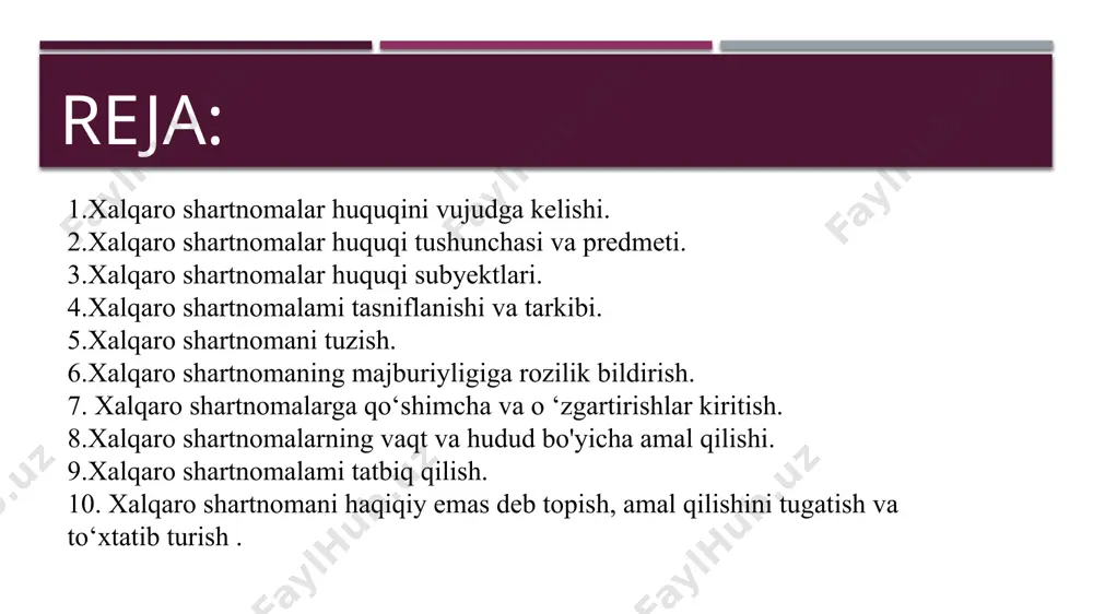 i kodifikatsiyalash bo‘yicha ekspertlar qo‘mitasi tomonidan ham bildirilgan. rasmiy kodifikatsiyaning birinchi akti 1928-yil amerika davlatiarining konferensiyasida qabul qilingan xalqaro shartnomlar konvensiyasi hisoblanadi. tarkibi jihatidan konvensiya juda ham chegaralangan edi, shunga qaramay u baribir kuchga kirmadi. xalqaro shartnomalar huquqi tushunchasi va predmeti xalqaro shartnomalar huquqi - prinsip va normalarning xulosalar tartibi. xalqaro shartnomalaming amal qilinishi. ularning to‘xtatilishini belgilab beruvchi xalqaro huquqning alohida tarmog'idir. shartnomalaming rivojlangan huquqi mavjudligi - zamonaviy xalqaro huquqning o ‘ziga xos xarakterli xususiyati. bu tarmoq xalqaro huquq tizimida mustahkam, o ‘zgarmas jo y egallagan. u xalqaro huquqning barcha soha, tarmoq va institutlari bilan bog‘liq. unga bag‘ishlangan konvensiyalar ham shunday ataladi. “shartnoma” nomi ularning xalqaro huquq tomonidan boshqariluvchi (tartibga soluvchi), ularning nomlanishi, tuzilishi va ishtirokchilar tarkibidan qat’i nazar, xalqaro kelishuvlarning barcha tur va ko‘rinishlarini qamrab oluvchi tushunchani anglatish uchun qabul qilingan. “shartnomlar” atamasiga vena konvensiyasi ham alohida ma’no bergan. 1969-yildagi konvensiya mazkur atama asnosida faqatgina davlatlararo yozma tarzda tuzilgan …