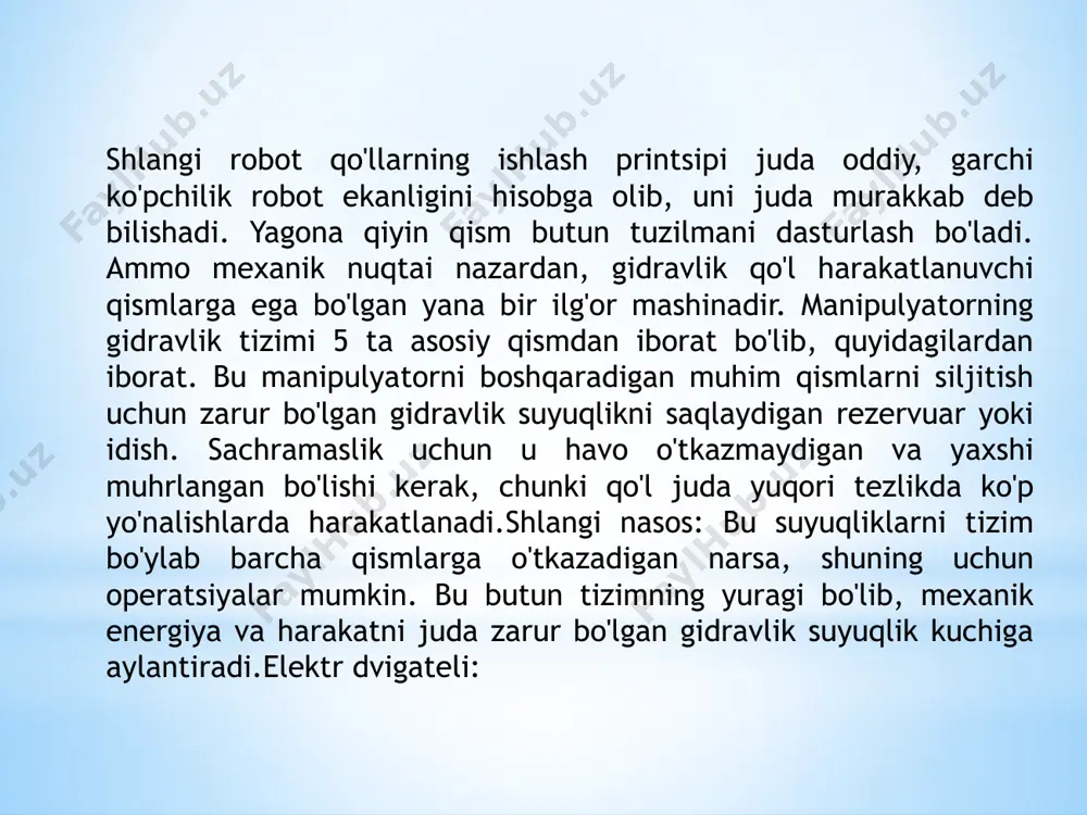 an ajratib bo'lmaydi. ko'p qirrali shlangi robot qo'llari bitta vazifa bilan cheklanmaydi. ular ishlab chiqarish liniyasining boshqa qismida boshqa muammoni tezda hal qilish uchun o'zgartirilishi va qayta dasturlashtirilishi mumkin. bugungi kunda saralash bilan shug'ullanadigan gidravlik robot qo'l palletizatsiya bo'limiga o'tkazilishi va yangi ko'rsatmalar berilishi mumkin va u darhol ishlay boshlaydi, chunki hech narsa o'zgarmagan. bu ularni ushbu qurollar qanchalik qimmat bo'lishi mumkinligini hisobga olsak, tejamkor qiladi. siz qo'shimcha inson qurollarisiz barcha ehtiyojlaringizni bir vaqtning o'zida qondira olishini yaxshi bilgan holda, siz gidravlik robot qo'liga minglab dollar sarflashingizni oqlaysiz. katta (50-100 kg) va o'ta katta (100 kg dan ortiq) yuk ko'tarish quvvatlarida elektro-gidravlik haydovchilar keng qo'llaniladi. so'nggi paytlarda og'ir yuk ko'tarish tizimlarida , ayniqsa yuk ko'tarish qobiliyatining pastki chegarasida (80 kg gacha) ham gidravlik, ham elektr haydovchilardan foydalanish tendentsiyasi kuzatildi.katta va haddan tashqari katta hajmli robotlarning xususiyatlari nafaqat sezilarli foydali yukning mavjudligi, balki robotning harakatlanuvchi qismlaridan inertsial yuklarning ustunligidir. dinamik xususiyatlarning …