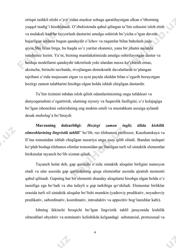 dan ishlab chiqilgan nazariya unga asos qilib olindi. bundan tashqari kо‘plab boshqa tilshunos olimlar tomonidan qо‘llanilgan turli xil sintaktik elementlar birikmalar tayanch bо‘lib xizmat qiladi. tayanch holat deb, gap qurilishi о‘zida sintaktik aloqalar birligini namoyon etadi va ular asosida gap qurilishining qisqa elementlar asosida ajratish momenti qabul qilinadi. gapning har bir elementi shunday aloqalarni hisobga olgan holda о‘z tasnifiga ega bо‘ladi va shu tufayli u gap tarkibiga qо‘shiladi. elementar birliklar orasida turli xil sintaktik aloqalar bо‘lishi mumkin (yadroviy predikativ, noyadroviy predikativ, subordinativ, koordinativ, introduktiv va appozitiv bog‘lanishlar kabi). ishning ikkinchi bosqichi bо‘lgan lingvistik tahlil jarayonida kishilik olmoshlari obyektiv va nominativ kelishikda kelgandagi substansial, protsessual va kvalifikativ belgilardir. bu belgilar asosida sintaksemalar uch kategoriyaga bо‘linadi. boshqa differensial sintaktik-semantik belgilari ham umumiydir, ular asosida kategoriya ichida sintaksemalarga bо‘linadi. mavzuning maqsadi va vazifalari: ushbu bitiruv malakaviy ishimning obyekti kishilik olmoshlaridir. ishning asosiy maqsadi matnlarda kishilik olmoshlarini gaplardagi vazifalarini о‘rganib chiqishdan iborat. ya’ni, kishilik …