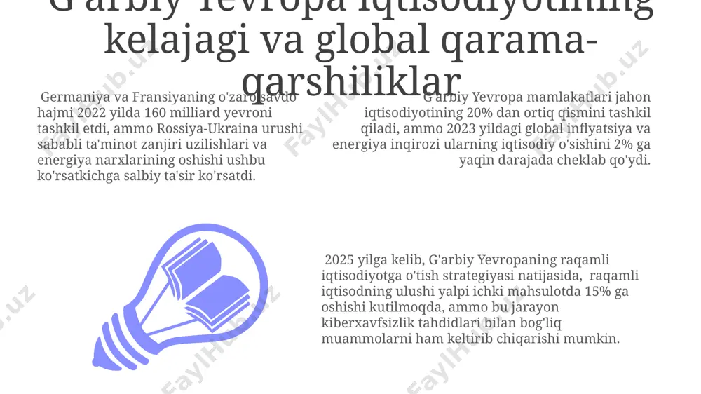 3-o'rinda turdi va 250 milliard yevrodan ko'proqni tashkil etdi, bu global texnologik taraqqiyotga sezilarli hissa qo'shadi. germaniya, fransiya va buyuk britaniya kabi yirik g'arbiy yevropa davlatlari jahon savdosi hajmining 15% dan ortig'ini ta'minlaydi, bu ularning global iqtisodiyotdagi kuchli ta'sirini ko'rsatadi. g'arbiy yevropa mamlakatlari jahon yalpi ichki mahsulotida (yaim) 2022 yilda taxminan 18 trillion aqsh dollariga teng hissa qo'shdi, bu butun dunyo yaimining 20% dan ortig'ini tashkil etadi. e'tiboringiz uchun rahmat @taqdimot_robot image1.jpeg image2.jpeg image3.jpeg