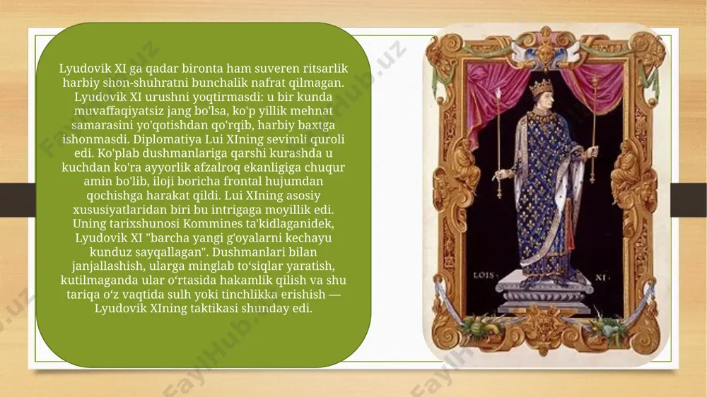 mehrini qozonish uchun hech narsa qilishdan tortinmasdi. o'z suverenining fe'l-atvorini mukammal o'rgangan kommin yozganidek, hech kim "o'ziga foydali bo'lishi mumkin bo'lgan yoki unga zarar etkazishi mumkin bo'lgan odamni o'z tomoniga tortish uchun juda ko'p harakat qilmagan. u o‘zi o‘ziga jalb qilmoqchi bo‘lgan odamning birinchi rad javobidan hech qanday xijolat tortmadi, balki o‘jarlik bilan boshlagan ishini davom ettirdi, unga saxovatli va’dalar yog‘dirdi va haqiqatan ham o‘zini aldashi kerak bo‘lgan pul va lavozimlarni berdi. tabiatan baxillik bilan lui siyosiy zarurat bosimi ostida saxiy edi. lyudovik xi har qanday odamni sotib olish mumkinligiga va bu jihatdan ingliz qiroli eduard iv va sartarosh lui, kerak bo'lganda esa jallod, josus va o'g'ri, taniqli olivye de den o'rtasida hech qanday farq yo'qligiga chuqur amin edi. lyudovik xi barcha davlat ishlaridan xabardor bo'lib, hamma narsani o'rganib chiqdi va siyosatda ahamiyatsiz narsa yo'qligini tushundi. u ko'p vaqtini o'zi uchun zarur bo'lgan odamlar va sharoitlar to'g'risida bilib olishga, vaziyat …