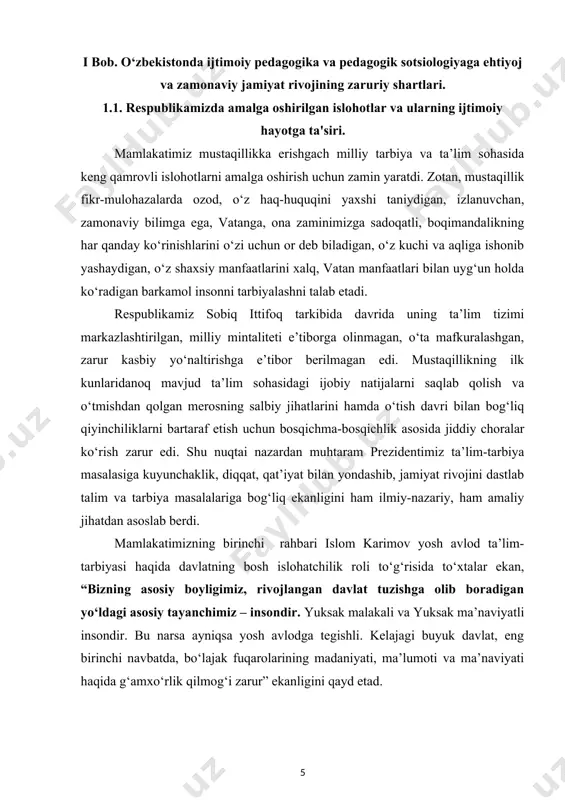 rnatilishi mumkin emas”. siyosiy sohadagi tub o‘zgarishlar: · mustabid sovet davri tizimidan voz kechildi; · prezidentlik instituti joriy etildi; · siyosiy institutlar xilma-xilligiga aoslangan demokratik siyosiy tizimga o‘tildi. bunda davlat bosh islohotchi sifatida e’tirof etildi. · “inson-jamiyat-davlat” munosabati qaror topdi. · ko‘ppartiyaviylik tizimi shakllandi. ma’naviy, g‘oyaviy-mafkuraviy sohadagi tub o‘zgarishlar: · kommunistik g‘oya aqidalaridan voz kechildi. milliy g‘oya: asosiy tushunchalari va tamoyillari ishlab chiqildi; · milliy g‘oya negizlariga tayangan holda o‘zbekiston jamiyati rivojlanishi, uning o‘ziga xos xususiyatlari asoslab berildi; · jamiyat rivojlanishida milliy madaniy meros hamda umuminsoniy qadriyatlar, demokratik prinsiplarga amal qilina boshlandi; · jamiyat rivojida manaviy va moddiy hamda uyg‘unligi oshadi; ijtimoiy-iqtisodiy sohadagi tub o‘zgarishlar: bozor iqtisodiyotiga asoslangan mulkning xilma-xilligiga o‘tildi; xususiy mulk tan olindi; barcha mulk shakllari teng ekanligi e’tirof etildi, uning huquqiy asoslari yaratildi. o‘zbekistonda jamiyat hayoti sohalarida amalga oshrilgan tub islohotlar natijasida o‘tgan yillarda muhim yutuqlarga erishildi shuni ta’kidlash kerakki, i.karimov asarlarida jamiyat rivojlanishi bosqichlari quyidagicha asoslab …