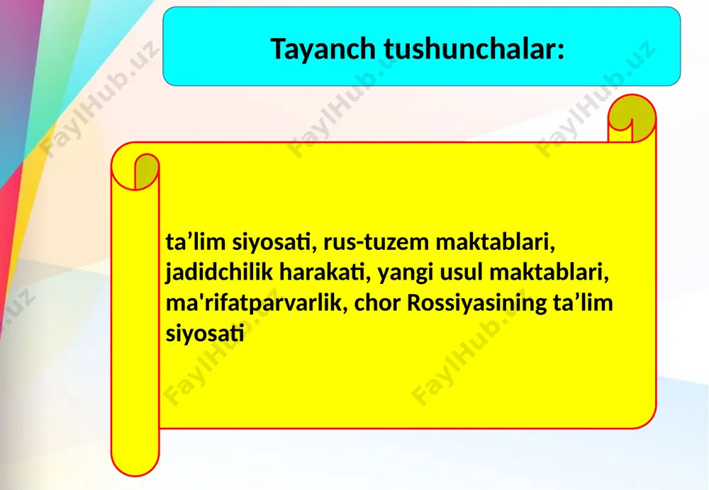 tablariga bermasdi. buni o’z vaqtida sirdaryo viloyatidagi rus maktablarini taftish etgan chor amaldori n.k. smirnov ham qayd etgan edi. u ruslashtirishga yo'naltirilgan ta'lim siyosatining muvaffaqiyatsizligi sabablarini quyidagicha izohlaydi va yozadi: - yerli aholining shaharlardagi rus maktablarining qabul qilmaganligi sababi ularning dasturlarida musulmoncha savod darslari yo'qligi, darslar bolalar uchun tushunarsiz bo'lgan rus tilida olib borilishi va o'qituvchilarning mahalliy tillarni bilmasligi; - (rus) bolalariga pravoslav dini asoslarini musulmon bolalar huzurida o'rgatish. turkistonda rus maktablarining ochilishi. yerlik aholi uchun rus-tuzem maktablarining tashkil etilishi. o’rta asr musulmon maktablarini isloh qilishdan bosh tortgan chorizm, ruslar o’rnashgan yerlarda ochilgan rus maktablarini turkistonda maorif sohasida o’z siyosatning quroli qilib olishga harakat qildi (toshkentda dastlabki rus maktabi 1866 yilda ochilgan edi). rus maktablariga ruslar bilan birga o’qish uchun mahalliy aholi bolalari ham qabul qilinar edi. turkistondagi boshlang’ich rus maktablarida hunarga rossiyaning yyevropa qismidagiga qaraganda, ancha ko’proq o’rgatilar edi; bundan maqsad mahalliy aholining bolalarini maktabga ko’proq jalb qilish edi. …