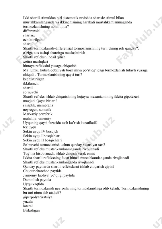 paytida jismoniy faoliyat yo‘qligi paytida dam olish paytida uyqu vaqtida shartli tormozlanish neyronlarning tormozlanishiga olib keladi. tormozlanishning bu turi nima deb ataladi? giperpolyarizatsiya yuzaki lateral birlashgan shartli reflekslar qaysi holatda eng qiyin ishlab chiqariladi? diqqat jamlanganda aqliy ishda. uyg‘oqlik paytida jismoniy faoliyat yo‘qligi paytida uyqu vaqtida qaysi tormozlanish sensor tizimlarda ayniqsa muhim rol o‘ynab, kontrastli hodisani yaratishini belgilaydi? lateral retsiprok markaziy teskari shartli va shartsiz qo‘zg‘atuvchi shartli reflekslarning ta’sirlanish vaqtiga nisbatan bo‘linadi: bir vaqtning o‘zida, kechiktirilgan, iz 1-sonli, 2-sonli, 3-sonli tartibda oziq-ovqat, himoya, jinsiy sun’iy, tabiiy shartli reflekslarning qaysi retseptiv maydondan ishlab chiqarilishiga qarab ularni tasniflash mumkin: ekstra -, vissero -, proprioretseptiv. oziq-ovqat oziq-ovqat, himoya, jinsiy bir vaqtda, kechiktirilgan, iz shartli reflekslarni barcha ekstra- va interoretseptiv sohalardan chaqirish mumkin. nima uchun tushuntirib bering? o‘ziga xos retseptiv maydonga ega emas vaqtinchalik bog’lanish yo‘q retseptorlarning tizimsizligi to’g’ri javob yo’q shartli refleks hosil qilish shartini ko‘rsating : shartli refleks shartsiz qo‘zg‘atuvchi bilan mustahkamlanishi …