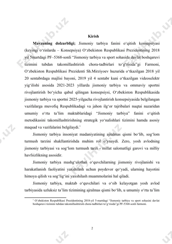 arbiya mashg‘ulotlari o‘quvchilarning jismoniy rivojlanishi va harakatlanish faoliyatini yaxshilash uchun poydevor qo‘yadi, ularning hayotini himoya qilish va sog‘lig‘ini yaxshilash muammolarini hal qiladi. jismoniy tarbiya, maktab o‘quvchilari va o‘sib kelayotgan yosh avlod tarbiyasida uzluksiz ta’lim tizimining ajralmas qismi bo‘lib, u umumiy o‘rta ta’lim maktablari o‘quvchilarning harakatlanish qobiliyatini rivojlantirishda hayotiy zarur bilimlarni, qobiliyatlari va ko‘nikmalarni shakllantiradigan o‘quv fani hisoblanadi. umumiy o‘rta ta’lim maktablarida jismoniy tarbiya tizimining samaradorligi, oqilona mazmunda, o‘quv va uzaytirilgan kun tartibda barcha jismoniy tarbiya shakllarini joriy etish, sog‘lomlashtirish, jismoniy tarbiya tadbirlari soni va hajmida, o‘quvchilarni kundalik hayotda jismoniy tarbiya va sport turizm bo‘yicha sinf va maktabdan tashqari ishlarning turli shakllariga keng jalb etish, o‘quv-tarbiya jarayoni ustidan tibbiy-pedagogik nazorat orqali ta’minlanadi. ushbu konsepsiya umumiy o‘rta ta’lim muassasalarida jismoniy tarbiya fanini o‘qitilishining nazariy, amaliy tizimlarni, asosiy tamoyillarni, dolzarb masalalar yechimining maqsad va vazifalarni hamda ta’lim muassasalarida mazkur fanlarni o‘qitishning asosiy yo‘nalishlarini belgilab beradi, jumladan: jismoniy tarbiya fani davlat ta’lim standarti talablarining …