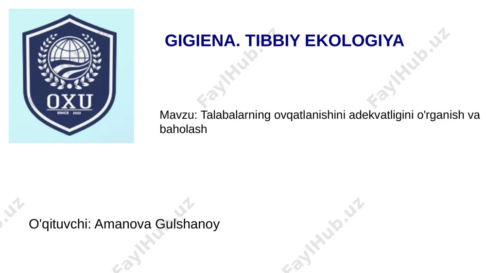 etishmasligidan aziyat chekmoqdalar. 3 vitamin va minerallar talabalarning vitamin va minerallarga bo'lgan ehtiyojlari qondirilmayapti. 5 talabalarning energiya va oziqa moddalar bilan ta'minlanishi energiya ko'pgina talabalar o'zlariga kerak bo'lgan energiyani to'liq olmasliklari sababli charchoq va uyqusizlikdan aziyat chekmoqdalar. oqsil oqsil yetishmasligi mushak massasi kamayishiga, immunitet tizimining zaiflashishiga va o'sishning sekinlashishiga olib kelishi mumkin. vitaminlar vitaminlar tananing turli funktsiyalari uchun muhimdir va ularning yetishmasligi sog'liqqa salbiy ta'sir ko'rsatishi mumkin. 6 ovqatlanishda kuzatiladigan muammolar 1 tez taomlar talabalarning tez tayyorlanadigan va arzon taomlarga bo'lgan ishtiyoqi sog'liq uchun zararli. 2 noto'g'ri ovqatlanish talabalarning ovqatlanish odatlari ko'pincha noto'g'ri, bu esa vitamin va mineral etishmasligiga olib keladi. 3 ovqat tanlash talabalarning ovqat tanlash imkoniyatlari cheklangan, chunki ko'pchilik ovqatni arzonroq va qulayroq bo'lgan joylardan oladi. 4 ovqatlangan vaqt talabalar dars jadvali tufayli ovqatlanishni o'tkazib yuborish hollari ko'p uchraydi. 7 adekvatlikni yaxshilash bo'yicha taklif va tavsiyalar 1 sog'lom ovqatlar universitetda talabalarga sog'lom ovqatlarni arzon narxlarda taqdim etish kerak. …