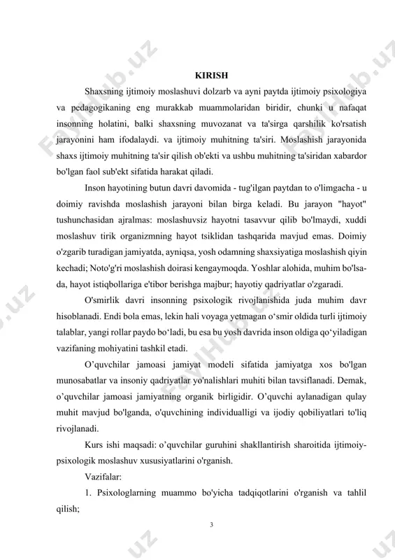 ing ijtimoiy-psixologik moslashuvini o'rganishga nazariy yondashuvlar. 1.1 ijtimoiy-psixologik moslashuv tushunchasi har bir inson hayotida shunday davrlar bo'ladiki, u odatdagi muhit o'rniga o'zini o'zi uchun yangi bo'lgan sharoitlarda topadi. bu o'zgarishlar, birinchi navbatda, yosh bosqichlari bilan bog'liq bo'lishi mumkin, qaysi faoliyat sohalari paydo bo'lishiga qarab, muloqot doirasi kengayadi va ijtimoiy muhit bilan o'zaro munosabatlarning yangi vazifalari paydo bo'ladi. moslashuv atamasi biologiya fanidan biroz o'zgartirilgan tarkib bilan olingan. bu insonning ijtimoiy muhit sharoitlariga moslashishini anglata boshladi. moslashuv dinamik jarayon bo'lib, uning natijasida tirik organizmlarning harakatchan tizimlari, sharoitlarning o'zgaruvchanligiga qaramay, yashash, rivojlanish va nasl berish uchun zarur bo'lgan barqarorlikni saqlaydi insonning butun hayoti davomida uning aqliy jarayonlari kognitiv va aqliy faoliyat orqali rivojlanadi. inson o'zini va ijtimoiy muhitni o'zaro bog'laydi, o'zining individual xususiyatlari, ehtiyojlari va tashqi muhit o'rtasidagi optimal muvofiqlikka erishish uchun u bilan o'zaro munosabatlarning yangi ko'nikmalarini rivojlantiradi. ikkinchidan, insonni ijtimoiy tuzum, mafkuradagi tub o‘zgarishlar natijasida o‘zi uchun yangi bo‘lgan, har xil …