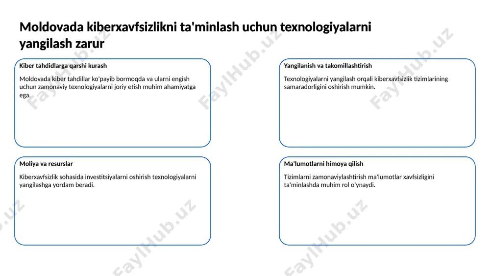 slar davlat organlari va jamoatchilik o'rtasida hamkorlik o'rnatilishi kiberxavfsizlikni kuchaytirishga yordam beradi. moldovada kiberxavfsizlikni oshirish uchun jamoatchilikni jalb qilish muhim xavfni baholash jamoatchilikning kiberxavfsizlikni oshirishdagi ishtiroki xavfni baholash va oldini olish strategiyalarini ishlab chiqish jarayonida zarurdir. 11 kiberxavfsizlikni ta'minlashda davlat va xususiy sektor hamkorligi zarur davlat va xususiy sektor o'rtasidagi hamkorlik kiberxavfsizlikni ta'minlash maqsadida davlat va xususiy sektor o'rtasidagi hamkorlik muhim ahamiyatga ega kiberxavfsizlikni ta'minlashda davlat va xususiy sektor hamkorligi zarur resurslarni birlashtirish har ikki sektor o'z resurslarini va bilimlarini birlashtirish orqali kiber tahdidlarga qarshi yanada kuchliroq javob bera oladi kiberxavfsizlikni ta'minlashda davlat va xususiy sektor hamkorligi zarur uzoq muddatli strategiyalar hamkorlik kiberxavfsizlikda uzoq muddatli strategiyalarni ishlab chiqishga yordam beradi kiberxavfsizlikni ta'minlashda davlat va xususiy sektor hamkorligi zarur tashqi xavflarga qarshi kurash davlat va xususiy sektor birgalikda global kiber xurujlarga qarshi samarali choralar ko'rishi mumkin 12 kiberxavfsizlik bo'yicha global tendensiyalarni kuzatib borish kerak xavflar va tahdidlar global kiberxavfsizlik muammolarining ko'pligi …