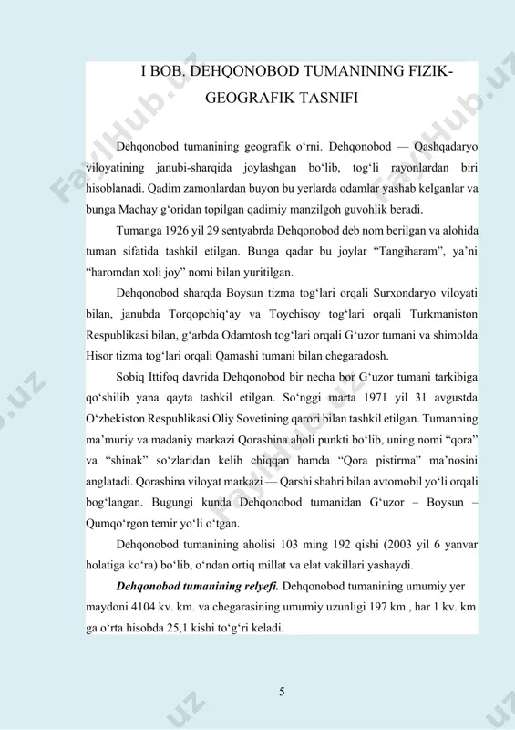 holda, qarama-qarshi yonbag‘ri tik devor sifatida namoyon bo‘ladi. bu kuestalar tub negizi paleogen davri ohaktosh qatlamlarining burmalanishi natijasida tik holga kelgan. qatlamlar orasiga kirgan sovuq suvlar yoriqlarni kengaytirib, karst bo‘shliqlarini hosil qilgan. tog‘lararo yassi botiqlarda sel yotqiziqlari, ba’zan, jarlar uchraydi. tuproqlari. tog‘ oldi, chalacho‘l zonasi uchun, asosan, bo‘z tuproq tiplari xos bo‘lib, ular dengiz sathidan 250 – 300 m dan 1200 – 1400 m gacha balandliklarda, ya’ni tog‘ oldi qiya tekisliklarda, adirlarda va past tog‘larning yonbag‘irlarida tarqalgan. bo‘z tuproqlar, asosan, lyoss va lyossimon yotqiziqlar ustida, ba’zi joylarda esa allyuvial, prolyuvial va delyuvial yotqiziqlar ustida shakllangan. asl (tipik) bo‘z tuproqlar arealida (dengiz sathidan 350 – 400 m dan 800 – 900 m gacha) o‘simlik qoplami ancha zich, chirindi miqdori nisbatan ko‘proqdir (3 % gacha yetadi). bunday yerlardagi tuproqlar azotga ancha boy bo‘lib, uning miqdori chimli qatlamda 0,194 % ni, bu qatlamdan pastda esa 0,116 % ni tashkil qiladi. shuningdek, kaliy (2,3 …