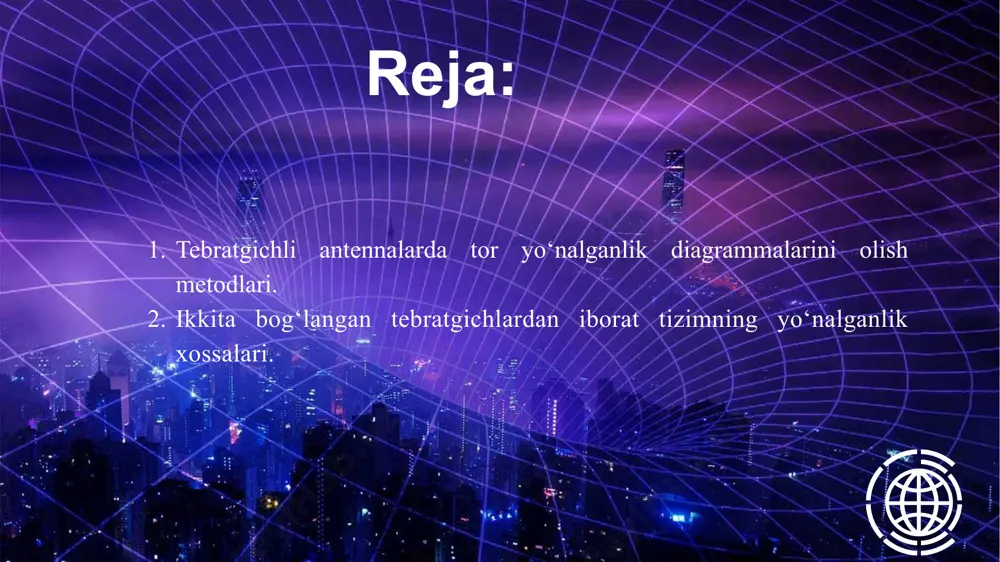 masofoda (to‘lqin uzunligidan kichik) joylashtirilgan ikkita yoki bir nechta tebratgichdan iborat antennalardan foydalaniladi. bunday tebratgichlar bir-biriga ta’sir qilganligi sababli ular bog‘langan deb ataladi. bog‘langan tebratgichlarning o‘zaro ta’siri aynan bog‘langan tebranish konturlar o‘zaro ta’siri kabidir. 7 bir tebratgichdagi maydon boshqasida eyuk ni yuzaga keltiradi, bu esa nurlatish qarshiligi yoki tebratgich kirish qarshiligining o‘zgarishiga olib keladi. tebratgichlar tizimi hosil qilayotgan maydon, maydonlar fazalari, nur yurishi farqida yuzaga keluvchi hamda nurlatgichlardagi toklar fazalari farqi hisobga olingan holda, alohida tebratgichlar hosil qiladigan maydonlarni qo‘shish natijasi hisoblanadi. ikkita tebratgichli tizim (a – fazoda; b – ye tekislikda; v – h tekislikda) nazorat savollari qanday xolatda, tebratgichlarning o‘zaro ta’siri hisobiga kirish qarshiligi ortadi.? bitta tebratgich qanday xollarda qo‘llaniladi.? nima uchun o‘zgarmas quvvatda toklar kamayadi? image1.jpg image11.jpg image12.png image13.png /docprops/thumbnail.jpeg