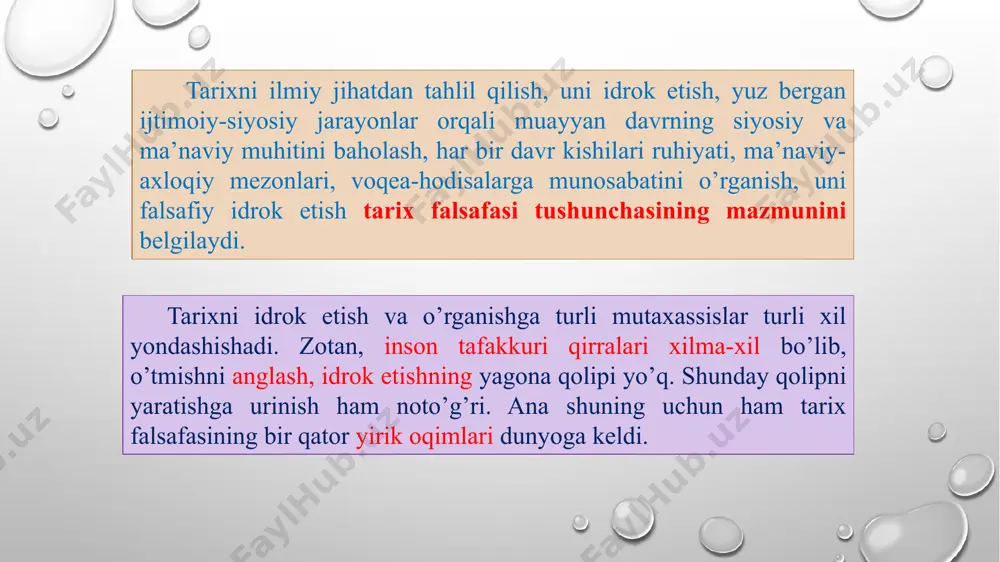 ong va tafakkur hukmron bo’lgan yaxlit borliqni tarix deb tushunadi gegel falsafasi, uning tarixga munosabati tarix falsafasining yangi davrini ochib berdi. u tarix falsafasiga hayot qonuniyati, ma’naviy shakllanish jarayoni va inson rivojlanishining ma’naviy ehtiyoji sifatida qaraydi. har qanday g'oyalar, maqsadlar va intilishlar ana shu ichki ehtiyoj hamda shaxsning ma’naviy-ruhiy etuklik darajasidan kelib chiqishini ko’rsatib berdi. bu yaxlit holda tarix – inson tafakkurining, ma’naviy-ruhiy va axloqiy kamolotining mahsuli degan xulosaga kelishga imkon beradi tarix falsafasi–tarixiy tafakkur muammolari bilan shug'ullanadigan, insoniyat taraqqiyoti asosiy yo’nalishlarini qamrab olgan mustaqil bilimlar tizimi hisoblanadi. tarix – inson, zamon va makon falsafasi birinchidan, har bir tarixiy jarayon, ijtimoiy-siyosiy voqelik qandaydir siyosiy manfaat asosida dunyoga keladi. ayniqsa bosqinchilik, bir hukmdor tomonidan ikkinchi bir mamlakatni zabt etish jo’g'rofiy-siyosiy strategik maqsad ekanligi tabiiy hol. shuning uchun ham ayni ana shunday jarayonlarni o’rganayotganda, uni baholayotganda siyosiy mezonlar nuqgai nazaridan turib ham baholash zarur. ikkinchidan, tarixning iqtisod bilan bog'liqligi. davlatlar o’rtasidagi o’zaro …
