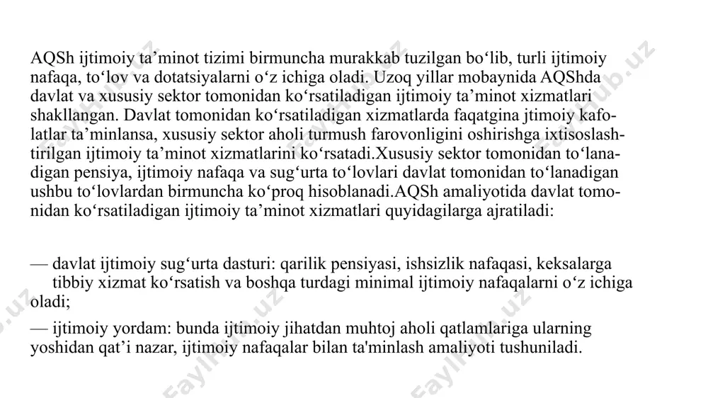 lash,davlatning pensiya ta’minoti va tibbiy sug‘urta ijtimoiy dasturlarida ijtimoiy vazifalarini belgilash kabi strategik maqsadlar qo‘yilgan edi. jahon moliyaviy iqtisodiy inqirozi bank tizimining barcha bo‘g‘inla-riga ta’sir etib,tushumlari hisobiga amalga oshiriladigan davlat xara-jatlaring pasayishiga va ijtimoiy ta’minot xarajatlarining ortishiga olib keldi. jahon moliyaviy-iqtisodiy inqirozi sharoitida hukumat ijtimoiy siyosat xarajatlarining qisqartirish yo‘llarini izlab, bandlikni oshirish orqali ijtimoiy xarajatlarni qisqartirishga harakat qildilar. aqshda aholi ijtimoiy himoya qilish jamiyatning ijtimoiy rivojlanishi borasidagi tadqiqotlar ish haqi darajasi bilan bog‘langan.aqshda minimal ish haqi soatiga 5-8$ ni tashkil etadi.ushbu miqdordagi ish haqi past dara-jadagi malakaga ega yollanma ishchilar uchun belgilanib,yuk tashuvchilar, sotuvchilar,idish-tovoq yuvuvchilar, farroshlar shular jumlasidandir.2011-yilda aqshda o‘rtacha ish haqi soatiga 25$ni tashkil etgan boʻlsa,2015 yilga kelib malakatdagi o‘rtacha oylik ish haqi 3906$ga teng bo‘ldi.aqsh iqtisodchi olimlari tomonidan amalga oshiriladigan jamiyatning ijtimoiy rivojlanishi baholashga qaratilgan ayrim tadqiqotlarda mamlakatda-gi soliqga tortish tizimi ko‘rsatkichlari tahlil qilindi.aqsh aholisining 90 foiz qismi daromadlarining 25 foizi soliqqa tortilsa,qolgan 10 foiz aholi daromadlarining tortiladigan …