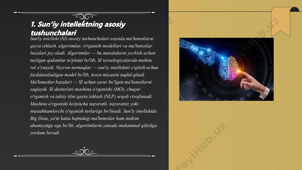 shgan. avtonom transport vositalari yo'l harakati xavfsizligini 30% ga yaxshilashi kutilmoqda. ishlab chiqarishda avtomatizatsiya darajasi 35% ga oshishi mumkin. shuningdek, si yordamida ko'ngilochar va ma'lumot sohalarida kontent yaratish tezligi 25% ga oshgan. si algoritmlaridan foydalangan holda ma'lumot tahlili va biznes qarorlarini qabul qilishda samaradorlik 40% ga ortgan. ushbu texnologiyalar o'sishi bilan 2030-yilgacha dunyo bo'ylab si bilan bog'liq ish o'rinlari soni 70 millionga yetishi taxmin qilinmoqda. sun'iy intellekt tushunchasi.sun'iy intellektning imkoniyatlari samandarova dilrabo e'tiboringiz uchun raxmat! slide 1: sun'iy intellekt tushunchasi.sun'iy intellektning imkoniyatlari slide 2: sun'iy intellekt tushunchasi.sun'iy intellektning imkoniyatlari slide 3: ... slide 4: ... slide 5: ... slide 6 slide 7: ... slide 8: ... slide 9: sun'iy intellekt tushunchasi.sun'iy intellektning imkoniyatlari