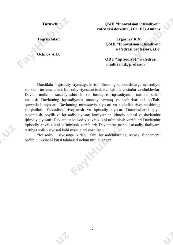 tisodiy siyosatning asosiy maqsadi jamiyatni rivojlantirish uchun ijtimoiy-iqtisodiy shart-sharoitlarni yaratish va iqtisodiy – ijtimoiy maqsadlarga muvofiq ijtimoiy takror ishlab chiqarish jarayonini ta’minlashdir. iqtisodiy siyosat milliy iqtisodiyotning iqtisodiy o‘sishni, to‘liq bandlikni, iqtisodiy samaradorlikni, narxlar darajasining barqarorligini, inflyatsiya yoki deflyatsiyaga qarshi kurashni, iqtisodiy erkinlikni, daromadlarni adolatli taqsimlash, iqtisodiy xavfsizlikni ta’minlashga qaratilgan. iqtisodiy siyosat davlatning ichki va tashqi siyosati, milliy mafkurasi va harbiy siyosati bilan bevosita o‘zaro bog‘liqdir. iqtisodiy siyosat hukumatning siyosiy qarashlarini amalga oshiradi, shuning uchun siyosiy partiya va harakatlar olib borilayotgan iqtisodiy siyosatga sezilarli ta’sir ko‘rsatishga qodir. iqtisodiy siyosat - bu iqtisodiyotni boshqarish sohasidagi davlatning maqsadli chora-tadbirlari tizimi bo‘lib, bundan maqsad jamiyat farovonligiga erishish, jamiyatning erkin rivojlanishi, tashqi va ichki xavfsizlik va huquqiy tartibni ta’minlashdir. mazkur darslik doirasida o‘zbekiston respublikasi prezidenti sh.m.mirziyoyevning 2022 yil 28 yanvardagi “2022-2026 yillarga mshljallangan yangi o’zbekistonning taraqqiyot strategiyasi to‘g‘risida” gi pf-60 sonli farmonida keltirilgan materiallar, qoidalar va xulosalar puxta o‘zlashtirishlari, kelgusi faoliyatida samarali foydalanishlari hamda ijobiy …