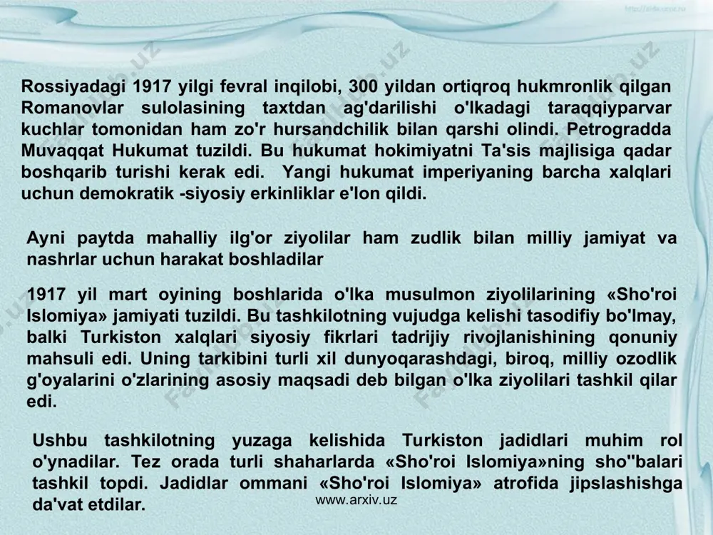 lon shahrida 2 000 kishilik miting bo'lib o'tdi. unda mahalliy «sho'roi islomiya» tashkiloti faollari yig'ilganlarni shaharda federalistlar firqasi sho''basini tuzishga chaqirdilar. taraqqiyparvar ziyolilar tomonidan ishlab chiqilgan firqaning maromnomasini o'lkada demokratik ko'rinishdagi davlat qurishning nazariy asosi edi deyish mumkin. bu fikrni maromnomaning quyidagi bandlari bilan izohlash mumkin: «firqaning maqsadi: 1)rusiyada mahalliy va milliy adami markaziyat (federasiya) asosi uzra xalq jumhuriyati tashkil etmakdur. 2) firqa turkiston, qirg'iziston, qofqoz va boshqirdiston qit'alari ( o'lkalari) uchun va boshqa milliy va mahalliy muxtoriyat, idil bo'yi ila qrim totorlari uchun va boshqa rusiyada yashaydurgon turk qavmlari uchun milliy muxtoriyat talab qiladur...4)millatning yigirma yoshga yetub, aqliyat paydo qilg'on har bir fardi: er bo'lsun, xotun bo'lsun- sinf, din va mazhab ayirmasig'a boqmasdan saylamak va saylanmak haqina molikdur. 5)yuqorida mazkur barcha muxtoriyatli qit'alar markaziy hukumat ila vatan mudofaasi, pul chiqarmak, boj va xorijiy hukumatlar ila munosabatda bo'lmoq xususlarida aloqa va irtibotini (bog'liqlikni) muhofaza qilur. 6) muxtoriyatli qit'alar dohiliy mas'alalar …
