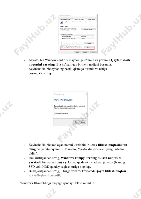 an amallarni bajaramiz: · avvalo, biz windows qidiruv maydoniga o'tamiz va yozamiz qayta tiklash nuqtasini yarating. biz ko'rsatilgan birinchi natijani bosamiz. · keyinchalik, biz oynaning pastki qismiga o'tamiz va ustiga bosing tizimni tiklash. · keyinchalik, shunday oyna paydo bo'ladi qayta tiklash jarayoni nimadan iboratligini bizga xabar bering, biz saqlagan hujjatlar, rasmlar va boshqa shaxsiy ma'lumotlarga ta'sir qilmaydigan jarayon. · eng tavsiya etilgan narsa darhol oldingi tiklash nuqtasidan foydalaning, ya'ni biz oxirgi qildik, bu windows tavsiya qiladigan variant, garchi bizda qaysi tiklash nuqtasidan foydalanishimiz mumkinligini tanlash imkoniyati ham mavjud. · para oxirgi tiklash nuqtasi yordamida kompyuterni tiklangn bizning jamoamizda bor, ustiga bosing tavsiya etilgan tiklash va nihoyat jarayonni boshlash uchun keyingi tugmasini bosing. qayta tiklash nuqtalarini boshqarish qayta tiklash nuqtalari, yuqorida aytib o'tganimdek, ular bizning uskunamizda saqlagan ma'lumotlarni saqlamaydibuning o'rniga, ular yaratilgan vaqtda kompyuter sozlamalarini saqlaydi. ispan tiliga tarjima qilingan: juda oz joy egallash. bizning jamoamiz yaratgan yoki biz yaratgan tiklash …