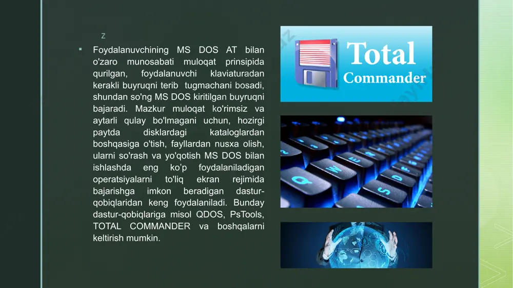 r bo`limiga o`tish tab bir paneldan boshqasiga o`tish insert fayl yoki katalogni ajratish alt+enter hususiyat darchasini ko`rish. mikroprocessor (mp), boshqachasiga central processing unit (cpu), — dasturli boshqariladigan, axborotni qayta ishlaydigan funkcional tugallangan qurilma bo`lib, u bitta yoki bir nechta katta (kis) yoki juda katta (jkis) integral sxemalar ko`rinishda tayyorlangan. mikroprocessor quyidagi vazifalarni bajaradi: •asosiy xotiradan (ax) buyruqlarni o`qish va deshifrlash (ochish); • ma`lumotlarni ax dan va tashqi qurilmalar (tk) adapterlarining registrlaridan o`qish; • so`rovlarni va buyruqlarni adapterlardan tk, larga xizmat ko`rsatish uchun qabul qilish va qayta ishlash; • ma`lumotlarni qayta ishlash hamda ularni ax ga va tk, adapterlarining registrlariga yozish; • shk ning barcha boshqa uzellari va bloklari uchun boshqaruvchi signallarni ishlab chiqish. z mikroprocessor qiymatlar shinasining razryaoliligi shk ning razryadliligani aniqlaydi; mp adreslar shinasini razryadliligi uning adres kengligini aniqlaydi. adres kengligi — bu asosiy xotira yacheykalarining maksimal soni bo`lib, u bevosita mikroprocessor tomonidan adreslanishi mumkin. birinchi mp 4004 mikroprocessori …