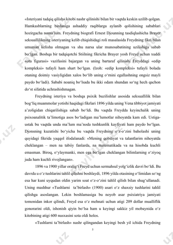 ning kuzatishi bo‘yicha bu vaqtda freydning o‘z-o‘zini baholashi uning quyidagi fikrida yaqqol ifodalanadi: «mening qobiliyat va talantlarim nihoyatda cheklangan – men na tabiiy fanlarda, na matematikada va na hisobda kuchli emasman. biroq, o‘ylaymanki, men ega bo‘lgan cheklangan bilimlarning o‘ziyoq juda ham kuchli rivojlangan». 1896 va 1900 yillar oralig‘i freyd uchun sermahsul yolg‘izlik davri bo‘ldi. bu davrda u o‘z tushlarini tahlil qilishni boshlaydi, 1896 yilda otasining o‘limidan so‘ng esa har kuni uyqudan oldin yarim soat o‘z-o‘zini tahlil qilish bilan shug‘ullanadi. uning mashhur «tushlarni ta’birlash» (1900) asari o‘z shaxsiy tushlarini tahlil qilishga asoslangan. lekin boshlamasiga bu noyob asar psixiatriya jamiyati tomonidan inkor qilindi, freyd esa o‘z mehnati uchun atigi 209 dollar mualliflik gonorarini oldi, ishonish qiyin bo‘lsa ham u keyingi sakkiz yil mobaynida o‘z kitobining atigi 600 nusxasini sota oldi holos. «tushlarni ta’birlash» nashr qilingandan keyingi besh yil ichida freydning obro‘si shunchalik ko‘tarildiki, u dunyo tanigan vrachlar safidan o‘rin oldi. 1902 yilda …