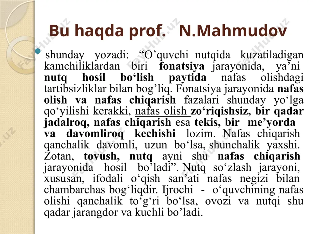 to‘ni yarashgan, qaragan ko‘z qamashgan, yigitlari so‘rashgan. v tomoshaga kelganlar, ancha qi zu o‘g‘lonlar, hasanxonday lochinni, qizlar to‘nab sochini, gul ochilgan bahorda keldi bizning diyorga”(“hasanxon” dostonidan) bu parchani o‘qishda “v” belgisi qo‘yilgan o‘rinda nafas olinib, keyin talaffuz qilish tempi tezlashtirilib, matn bir yoki ikki nafasda o‘qiladi. mashq paytida, erkin o‘qishdan tashqari, talaffuzning aniqligiga va matnning mantiqiy izchilligiga e’tibor beriladi. 5. she’r o‘qish mashqi. bu mashqda g‘oyaviy-badiiy jihatdan yuksak bo‘lgan uzun misrali she’rning oldin bir misrasi bir nafasda, keyin ikki misrasi bir nafasda va hokazo tarzda o’qiladi. ovoz ifodali o‘qish san’atida ovozning ahamiyati beqiyosdir. ovoz ham, nutq ham insonga yaratguvchi zot tomonidan berilgan ilohiy ne’mat hisoblanadi. shunday ekan, ovozning yoqimli yoki yoqimsizligi bizning ixtiyorimizda bo‘lmagan hodisadir. lekin ovozni o‘rniga qo‘yish, shakllantirish va uning sohibi bo‘lish - inson ixtiyoridadir. ovozni shakllantirish deganda maxsus mashqlar orqali muntazam shug’ullanib, ovozni chiniqtirib borish tushuniladi. ovoz inson oliy asab tizimining mahsuli bo‘lib, uning manbai tomoqda joylashgan …