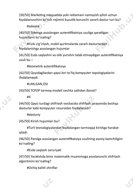 ish va elektron pochta orqali [18/51] qaysi himoya vositasi mavjud ip - paketni to‘liq shifrlab, unga yangi ip sarlavha beradi? #virtual private network [19/51] jumlani to‘ldiring. agar axborotning o‘g‘irlanishi moddiy va ma’naviy boyliklarning yo‘qotilishiga olib kelsa. #jinoyat sifatida baholanadi [20/51] qaysi xususiyatlar raid texnologiyasiga xos emas? #shaxsiy kompyuterda foydalanish mumkun. [21/51] antivirus dasturiy vositalari zararli dasturlarga qarshi to‘liq himoyani ta’minlay olmasligining asosiy sababini ko‘rsating? #paydo bo’layotgan zararli dasturiy vositalar soning ko’pligi [22/51] jumlani to‘ldiring. simli va simsiz tarmoqlar orasidagi asosiy farq #tarmoq chetki nuqtalari orasidagi mutlaqo nazoratlamaydigan xudud mavjudligi [23/51] rsa algoritmida p=5, q=13, e=7 ga teng bo‘lsa, shaxsiy kalitni hisoblang? #7 [24/51] buzg‘unchiga xavfsizlik tizimini aylanib o‘tib tizimga kirish imkonini beruvchi zararli dastur turi bu-? #backdoors [25/51] zararli dasturiy vositalarga qarshi foydalaniluvchi dasturiy vosita bu? #antivirus [26/51] axborotni shifrlashdan maqsadi nima? #maxfiy xabar mazmunini yashirish [27/51] eng zaif simsiz tarmoq protokolini ko‘rsating? #wep [28/51] qaysi tarmoq himoya vositasi tarmoq …