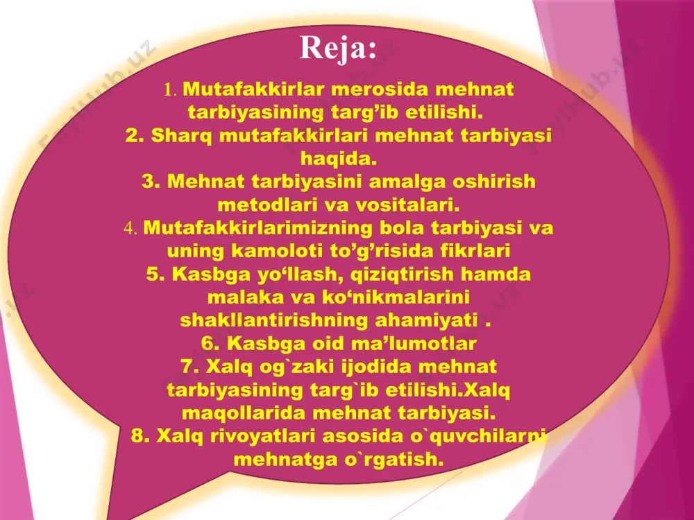 y jihatlari haqidagi bilimlar bilan yoshlarni qurollantirish lozim. o‘zbekiston respublikasi oliy majlis 1997 yil 29 avgustda qabul qilingan “ta’lim to‘g‘risida”gi yangi qonun va “kadrlar tayyorlash milliy dasturi” ta’lim sohasidagi siyosatimizni belgilab berdi. uzluksiz ta’limni tashkil etishni rivojlantirish prinsiplari uzluksiz ta’limni isloh qilish, uzluksiz ta’lim tizimi va turlari masalalarini qamrab olgan. o’zbekiston respublikasi birinchi prezidenti i.a karimov ta’kidlaganidek “har bir insonning ayniqsa endigina hayotga qadam qo‘yib kelayotgan yoshlarning ongiga shunday fikrni singdirish kerakki, ular o‘rtaga qo‘yilgan maqsadga erishishi o‘zlariga bog‘liq ekanligini, ya’ni bu narsalar ularning sobit qadam, g‘ayrat, shijoatlariga, to‘la – to‘kis fidokorligi va cheksiz mehnatsevarliklariga bog‘liq ekanligini anglab yetishlari kerak”. o’quvchilarni mehnat turlariga qiziqishini oshirish, kasb tanlash va o’zlashtirishni shakllantirib borish uchun o’quvchilarga yoshligidan boshlab ta’lim, tarbiya berish bilan birga kasb-hunarga qiziqish ishlarini to’g’ri yo’lga qo’yishda quyidagi shartlarga amal qilish lozim: boshlang’ich sinf o’quvchilariga kasb-hunar to’g’risidagi tushunchalarni singdirish: o’quvchilarni yoshiga, jinsiga mos kasb-hunar tanlashga ularga pedagogik-psixologik yondashish. kasb-hunarga qiziqtirishda o’quvchilarning …