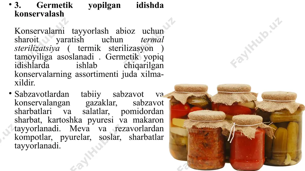 o'qimalarining zarralari), biologik jihatdan qimmatroq va to'yimli va pulpasiz sharbatlar - tiniqlangan va aniqlanmagan . konsentrlangan sharbatlar (qattiq moddalar miqdori yuqori bo'lgan) ishlab chiqaradilar : namlik bug'lanishi va quyuqlashishi natijasida olingan ekstraktlar va shakar bilan konservalangan siroplar . 4. shakar bilan konservalash meva va rezavorlar tabiiy xususiyatlarini saqlab qolish uchun shakar bilan saqlanadi. shu tarzda to'liq saqlash uchun ( osmoanabioz printsipi yordamida ), shakarning katta konsentratsiyasi talab qilinadi. misol uchun, pyuresi smorodina rezavorlar 1: 2 nisbatda shakar bilan aralashtiriladi. aks holda, uzoq muddatli saqlash uchun issiqlik sterilizatsiyasi zarur. pishirish murabbo. jam - to'yimli, mazali, ammo kam vitaminli mahsulot. pishirishdan oldin mevalar 70 ° c haroratda shakar siropi bilan quyiladi va 3-4 soat davomida saqlanadi, xomashyo esa shakar bilan to'yingan bo'ladi. mevalarni oddiygina shakar bilan sepishga ruxsat beriladi, shu bilan birga hujayra sharbati ulardan faol ravishda chiqariladi. odatda shakarning xom ashyoga nisbati 1: 1 ni tashkil qiladi. murabbo va murabbo tayyorlash. …